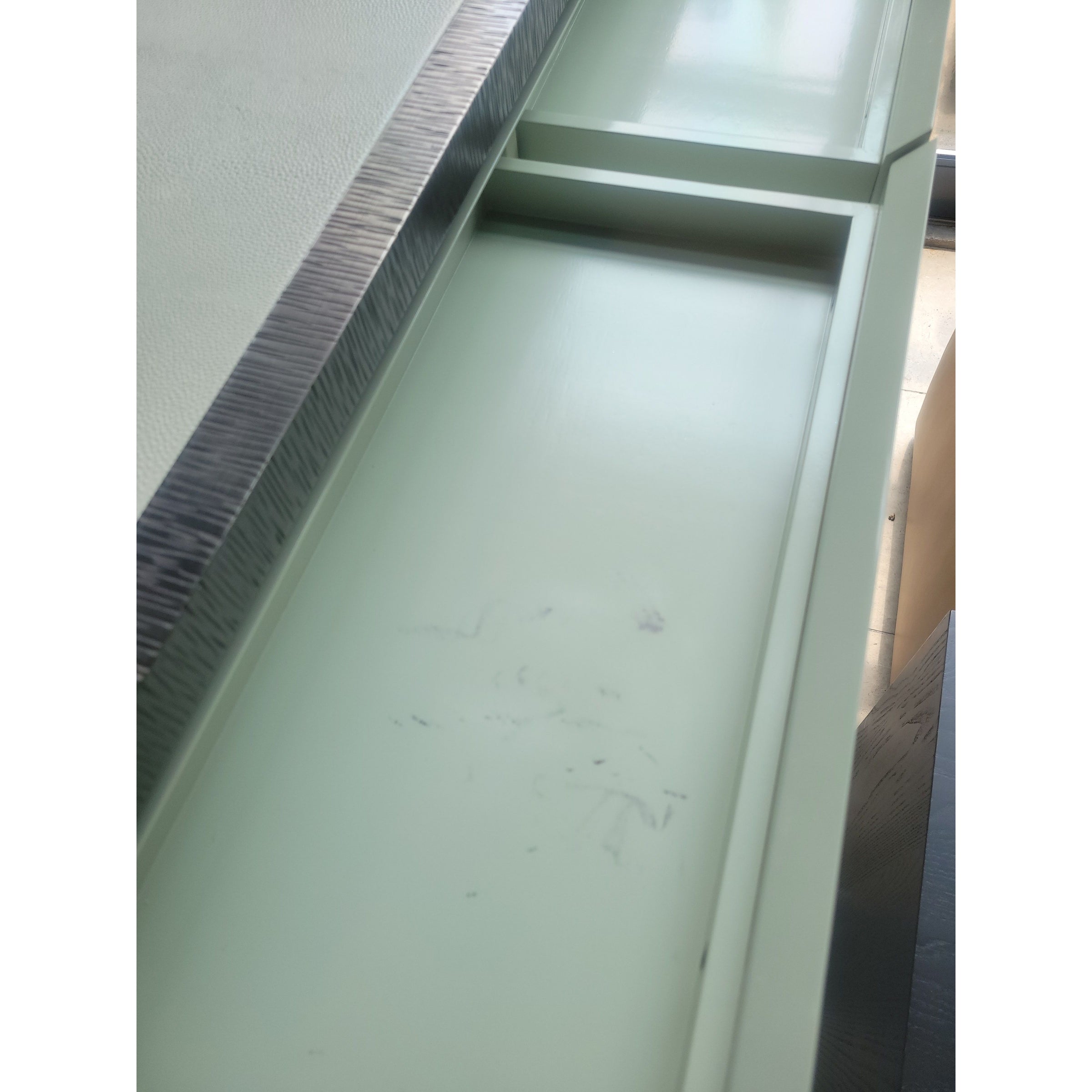 Custom Padded Pewter Metal Console Table w/ 2 Drawers & Green Shagreen Top