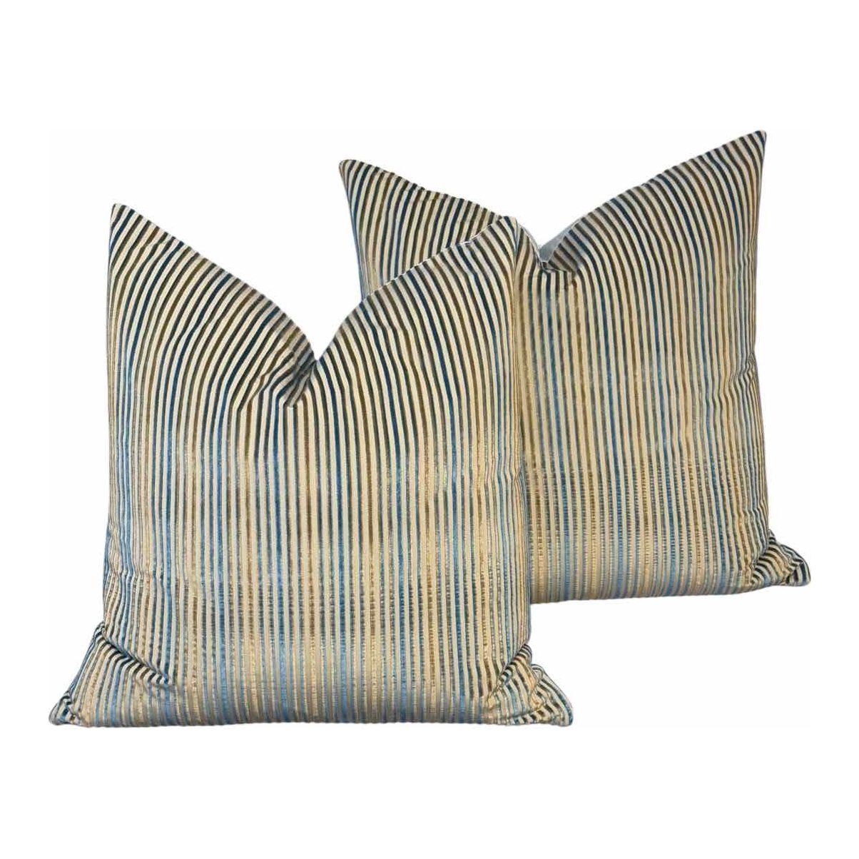 Pair of Blue & Gold Stripe Velvet Square Pillows