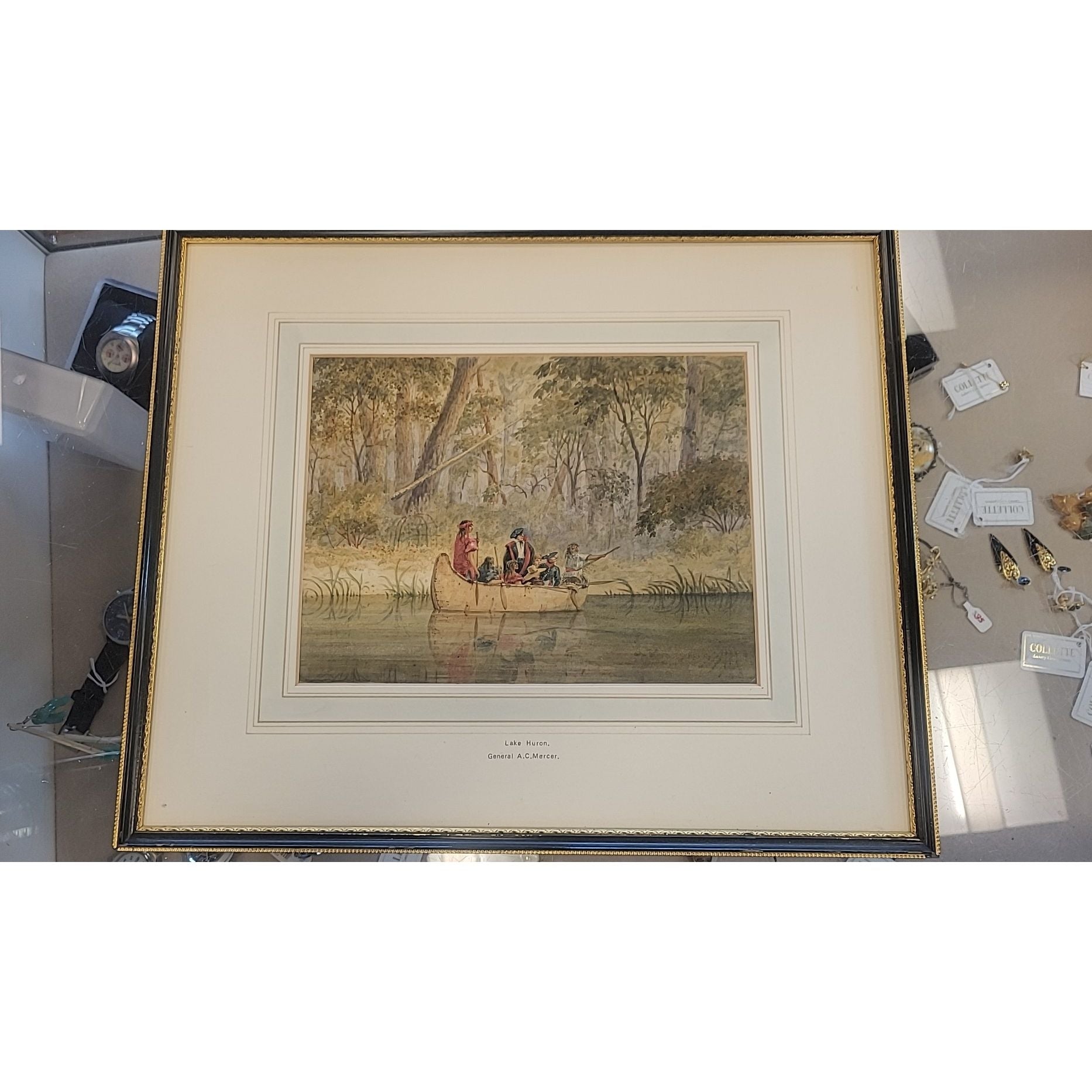 'Lake Huron' 1824 Watercolor Painting in Frame (AS IS)