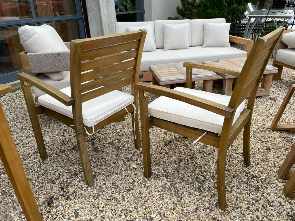 Pair of Teak Outdoor Dining Chair w/ White Cushions