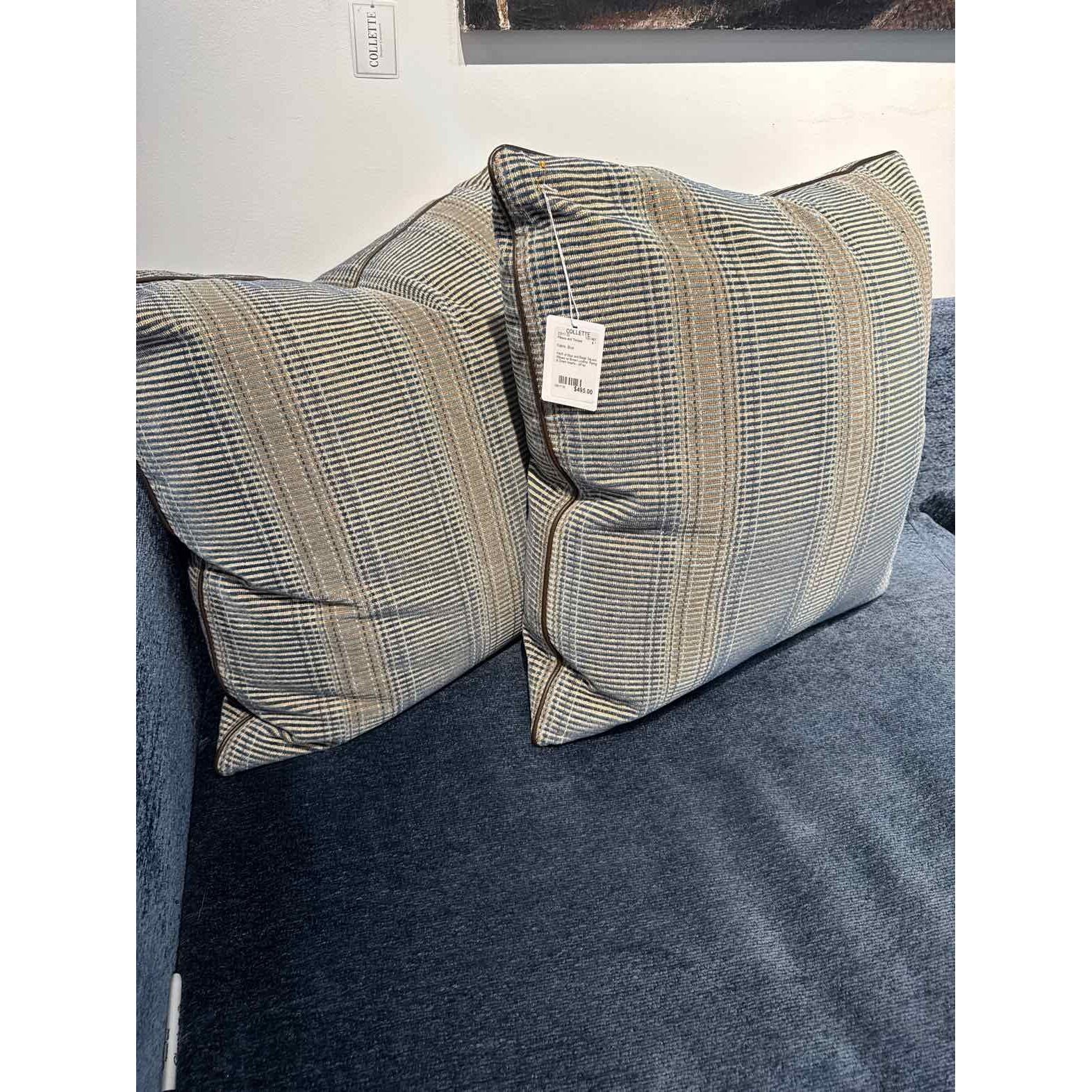 PAIR of Custom Blue & Beige Square Pillows w/ Leather Piping & Down Inserts - colletteconsignment.com