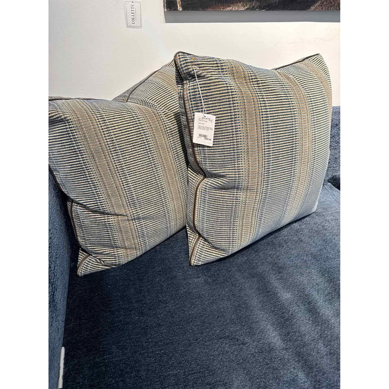 PAIR of Custom Blue & Beige Square Pillows w/ Leather Piping & Down Inserts - colletteconsignment.com