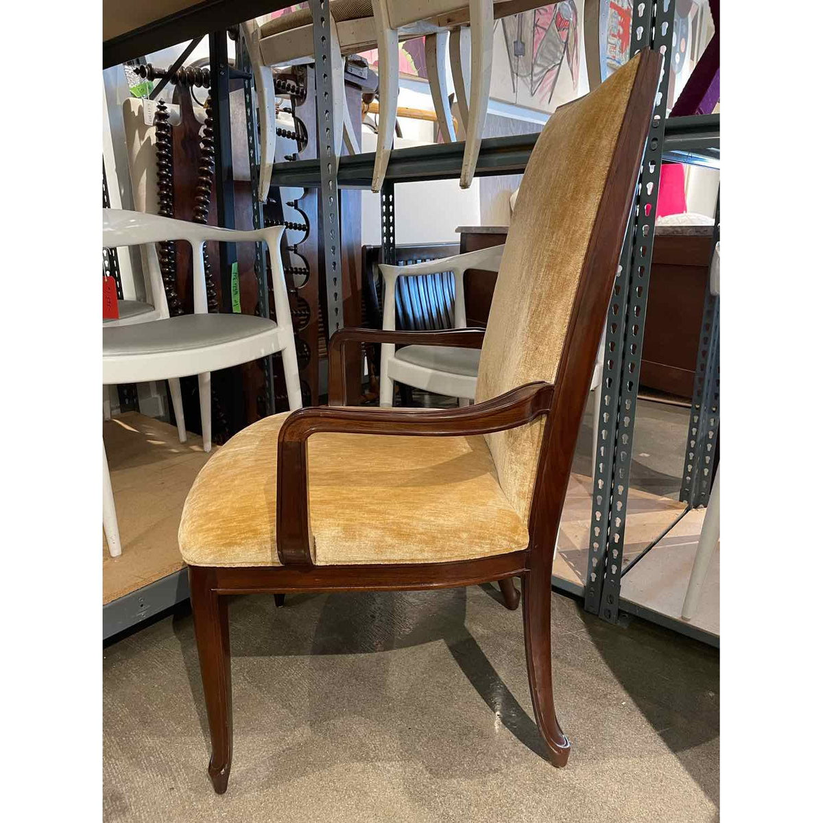 PAIR of Yellow Velvet Armchairs w/ Walnut Panel Backs by Baker