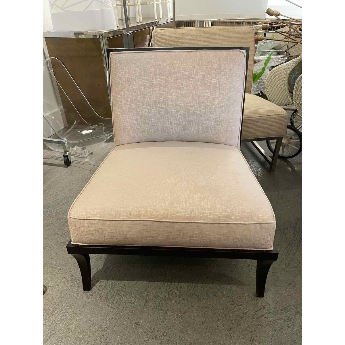 PAIR of Beige Upholstered Castel Slipper Chairs on Walnut Bases by Baker (AS IS)