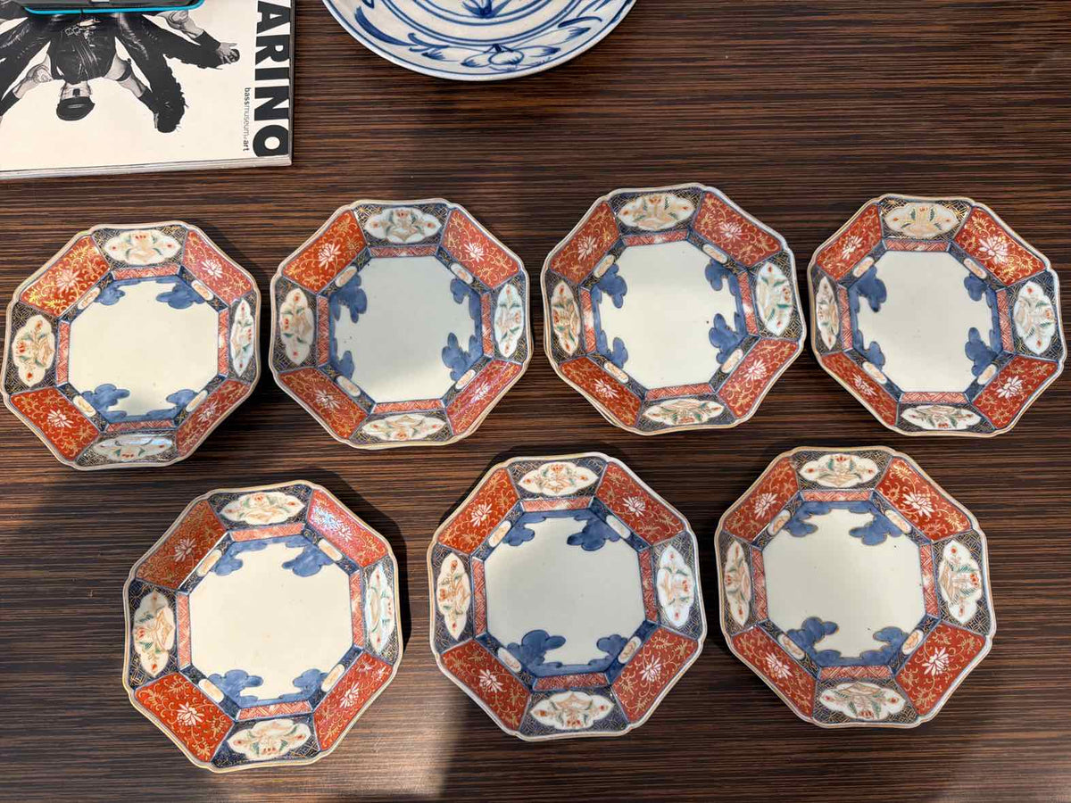 Set of 9 Antique Octagonal Imari Plates 6.5"Diam x 1.5"H