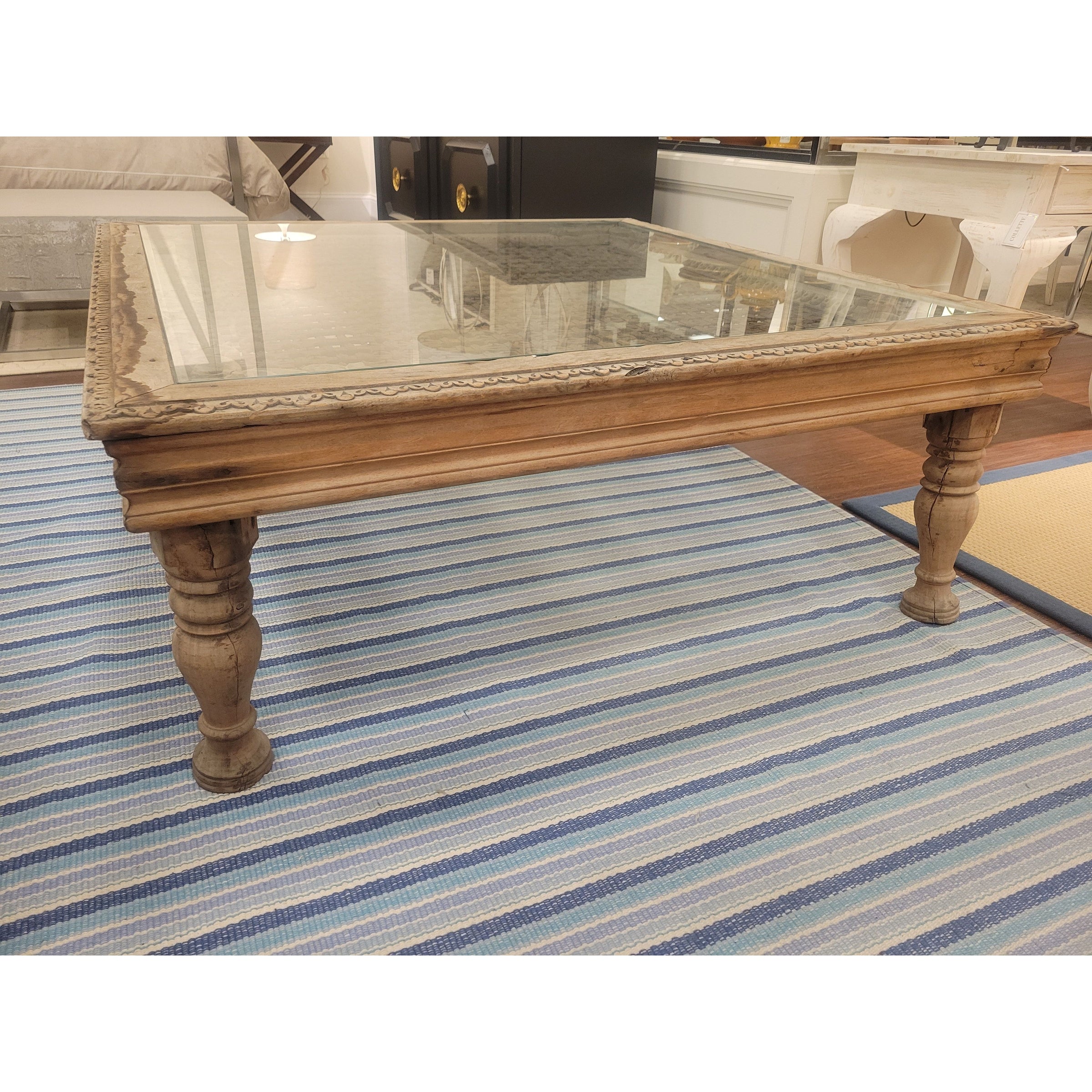 Vintage Indian Window Grate Metal & Wood Coffee Table w/ Glass Top (AS IS)