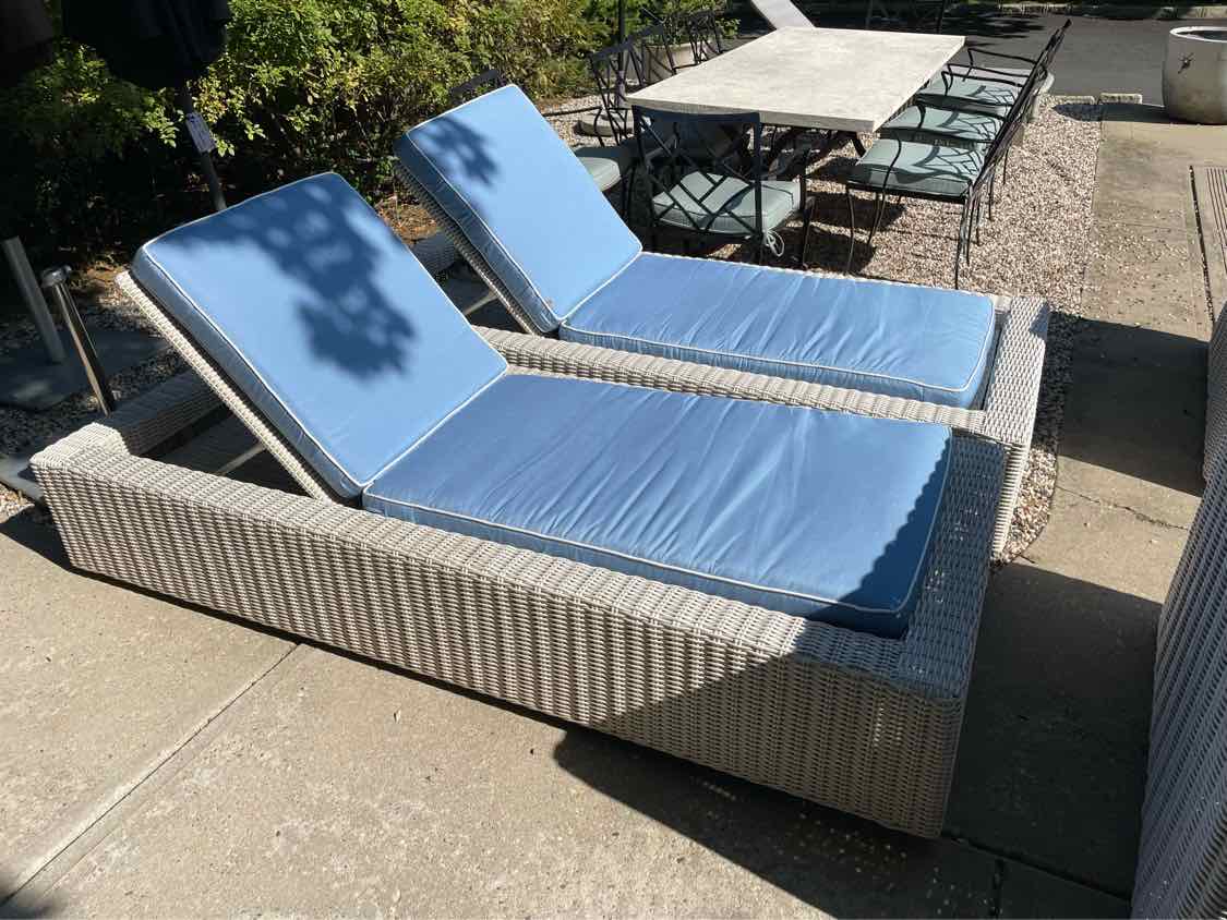 PAIR of White Wicker Chaise Lounges w/ Blue Cushions by Frontgate (AS IS)
