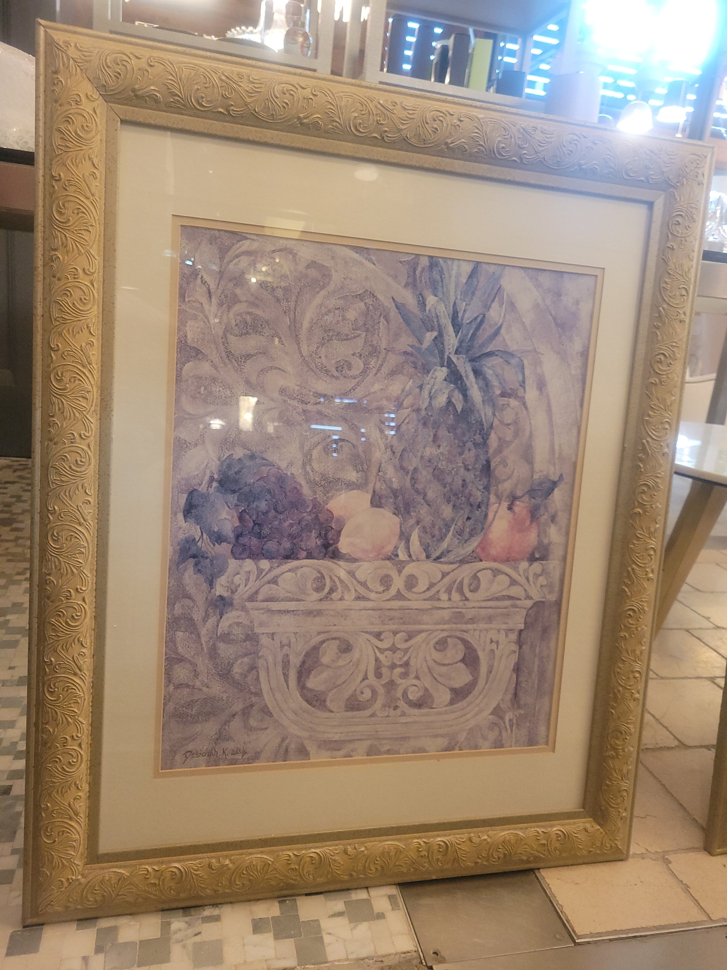 Fruit on Pedestal Still-Life Print by Deborah K. Ellis in Gold Frame