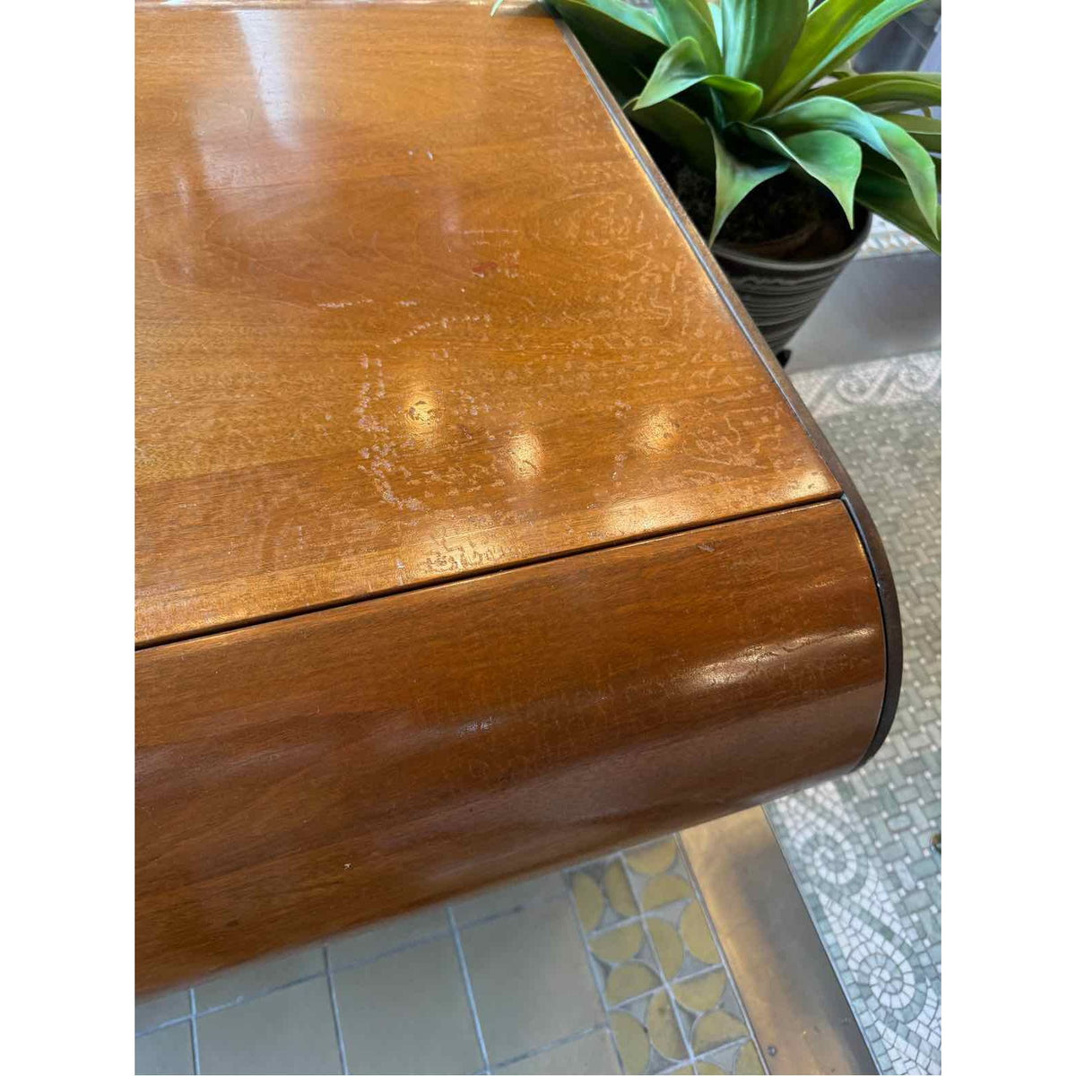 Mid-Century Curved Wood 1-Drawer Desk w/ Iron Legs