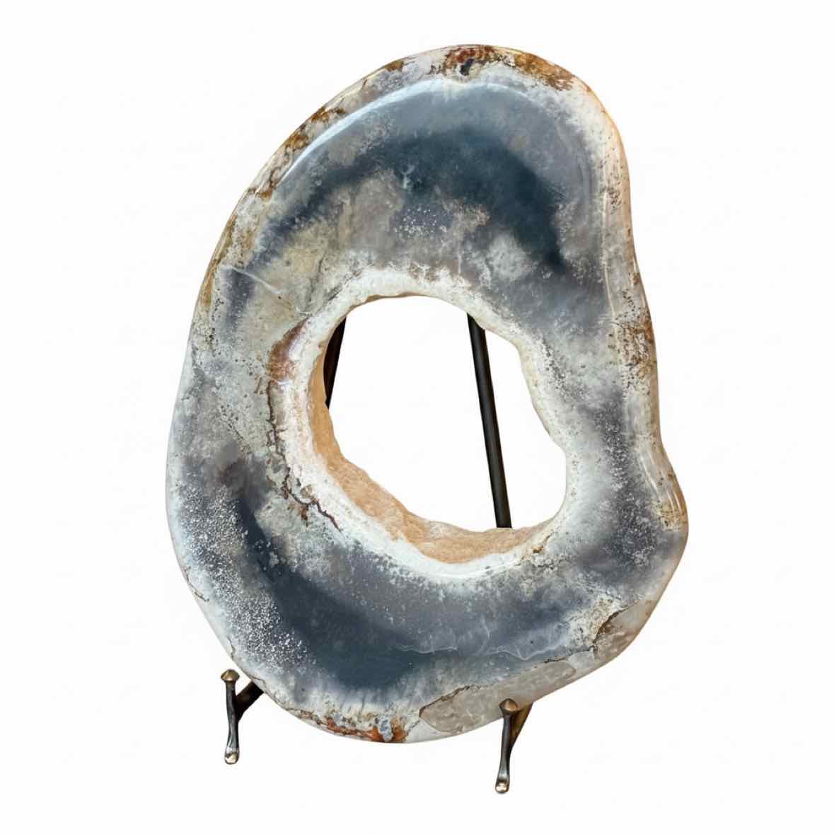 Petrified Wood Ring Sculpture on Iron Stand