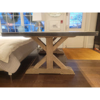 7-ft Metal Wrapped Top Trestle Dining Table on Natural Wood Base - colletteconsignment.com