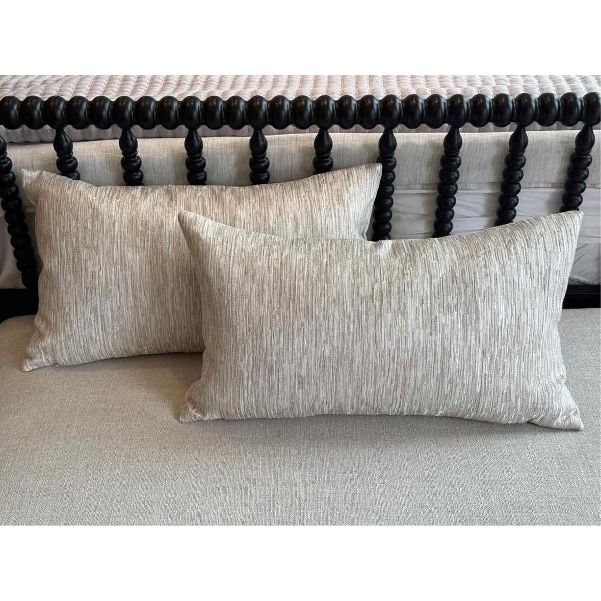 Pair of Custom Silver Embroidered Silk Lumbar Pillows - colletteconsignment.com