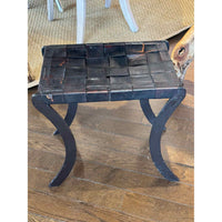 Mid-Century French Industrial Black Leather & Metal Bench