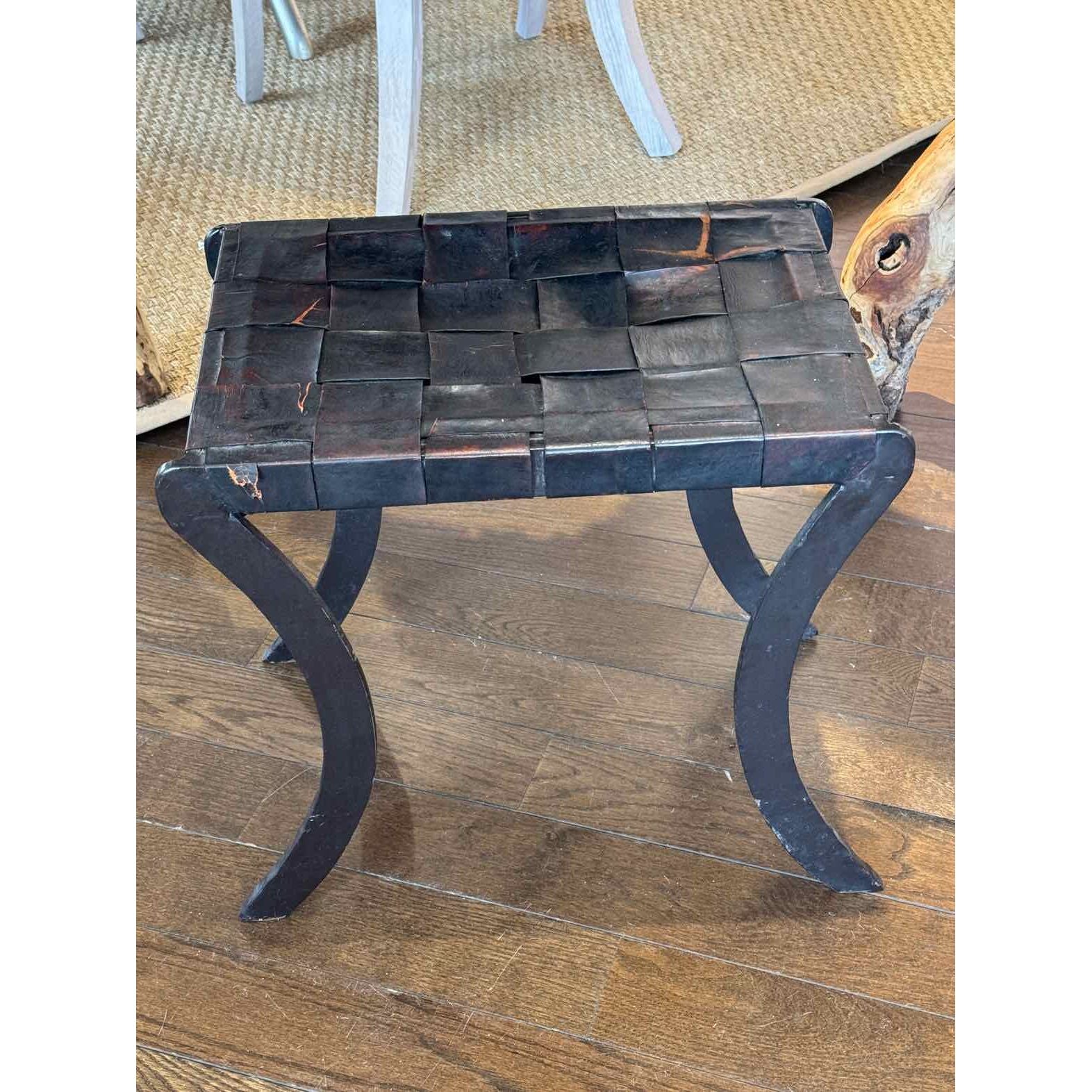 Mid-Century French Industrial Black Leather & Metal Bench