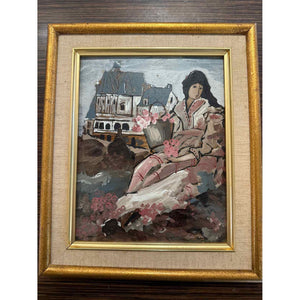 Signed Oil Painting on Board, Girl on a Rock, 12.5"  W  x 10.75"  L  x 1" H