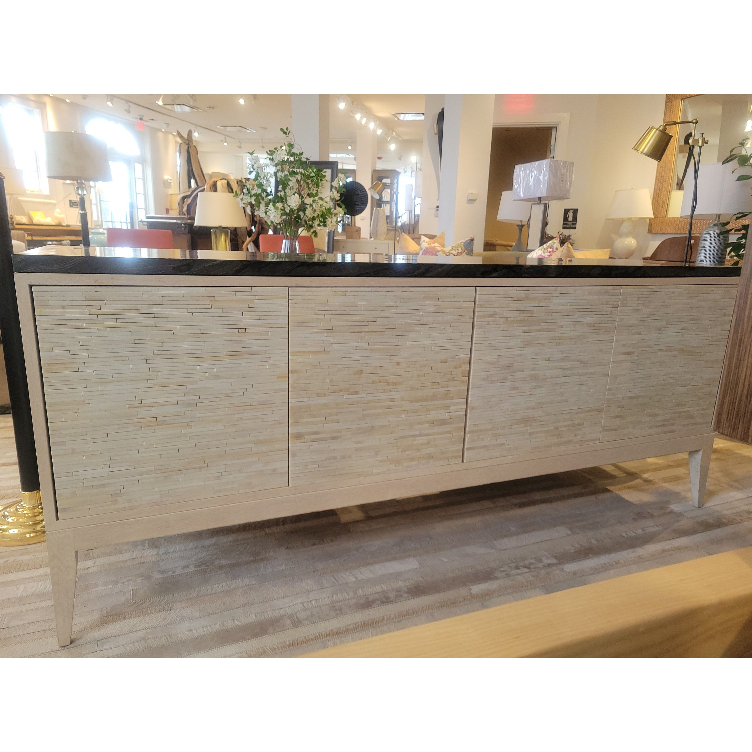 Custom Bone Inlay & Wood 4-Door Credenza w/ Black Marble Top