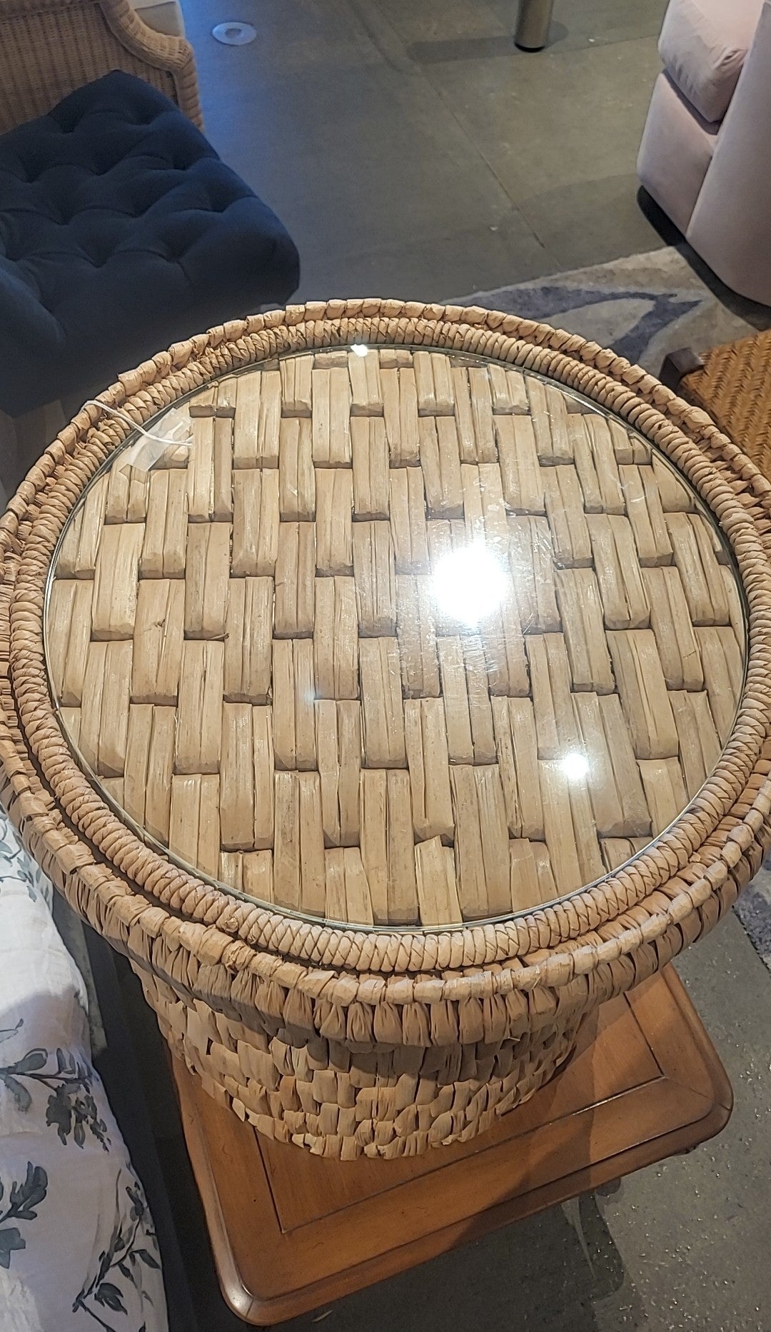 Round Woven Seagrass Side Table w/ Glass Top Attrib. to S&L (AS IS)