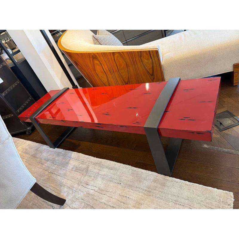 Custom Red Lacquer Orlean Bench w/ Solid Brass Strap Legs by Jiun Ho - colletteconsignment.com