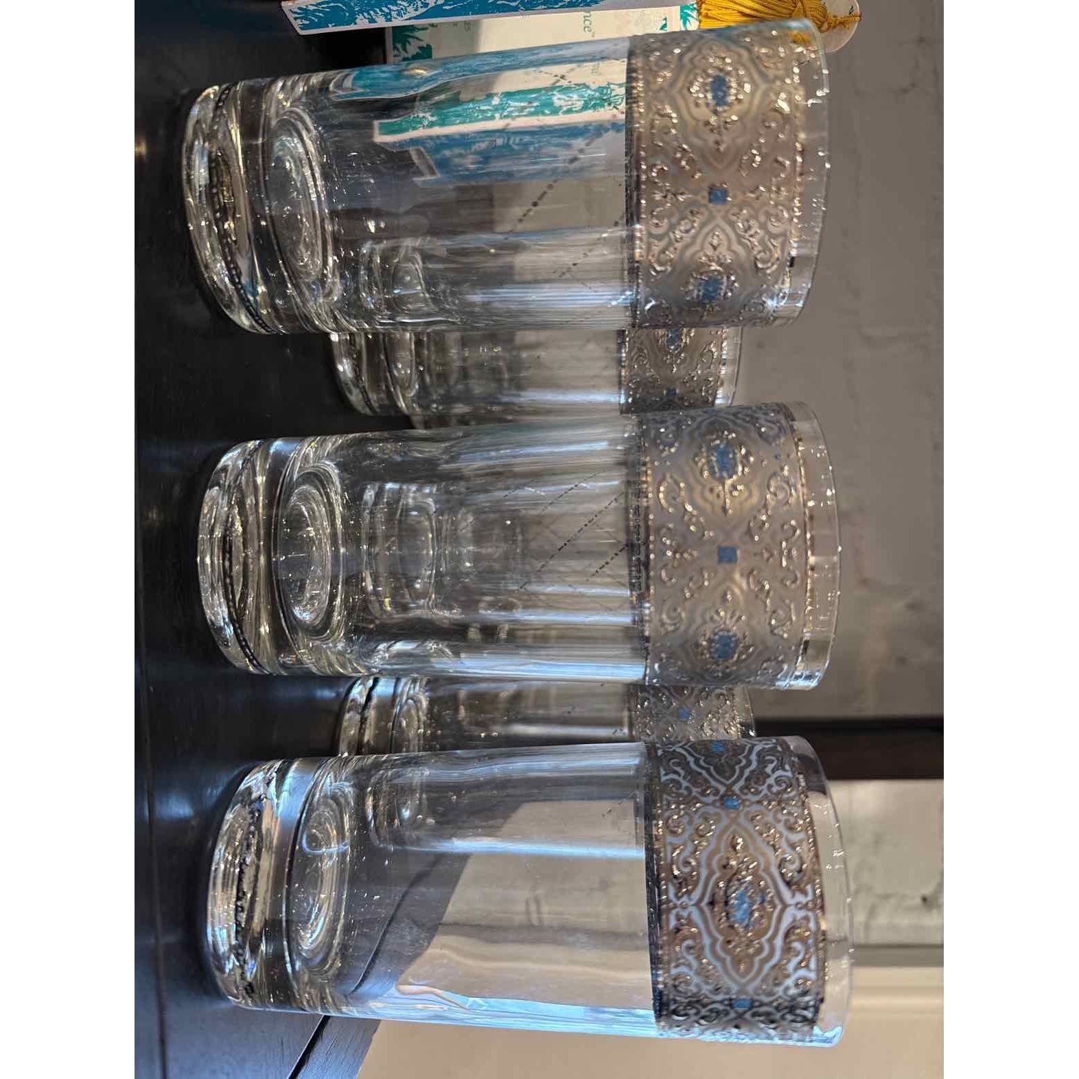 Set of Twelve Mid Century Silver & Blue Highball Glasses, 5.5"H x 2.75" Dia