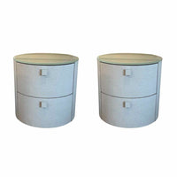 PAIR of GIO III Round White Snakeskin Bedside Tables w/ Milk Glass Top by Artefa