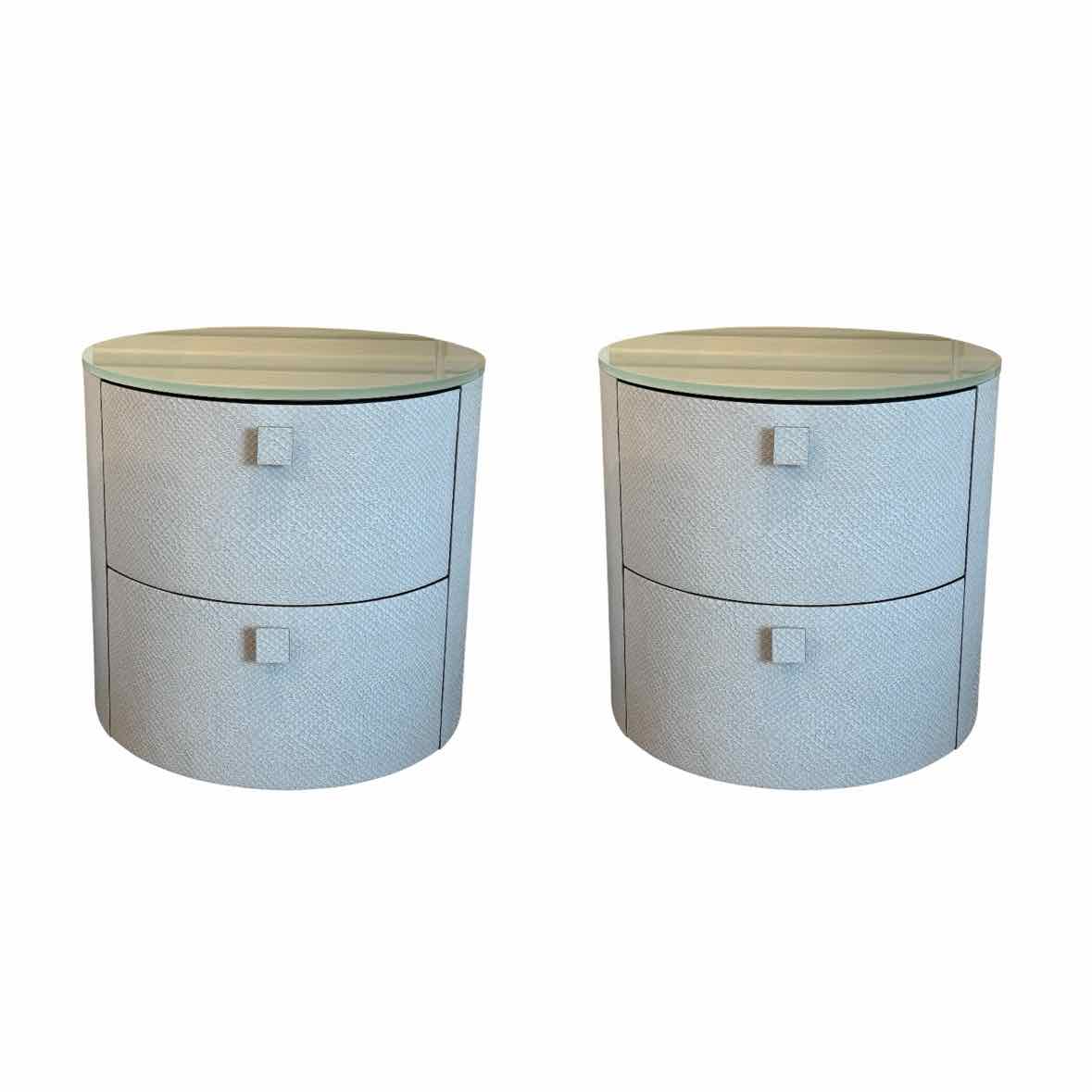 PAIR of GIO III Round White Snakeskin Bedside Tables w/ Milk Glass Top by Artefa