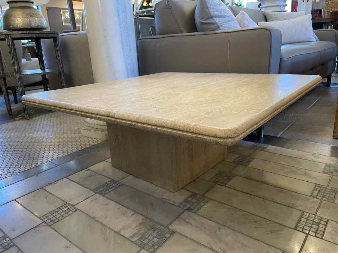Vintage 3-ft Square Layered Travertine Pedestal Coffee Table