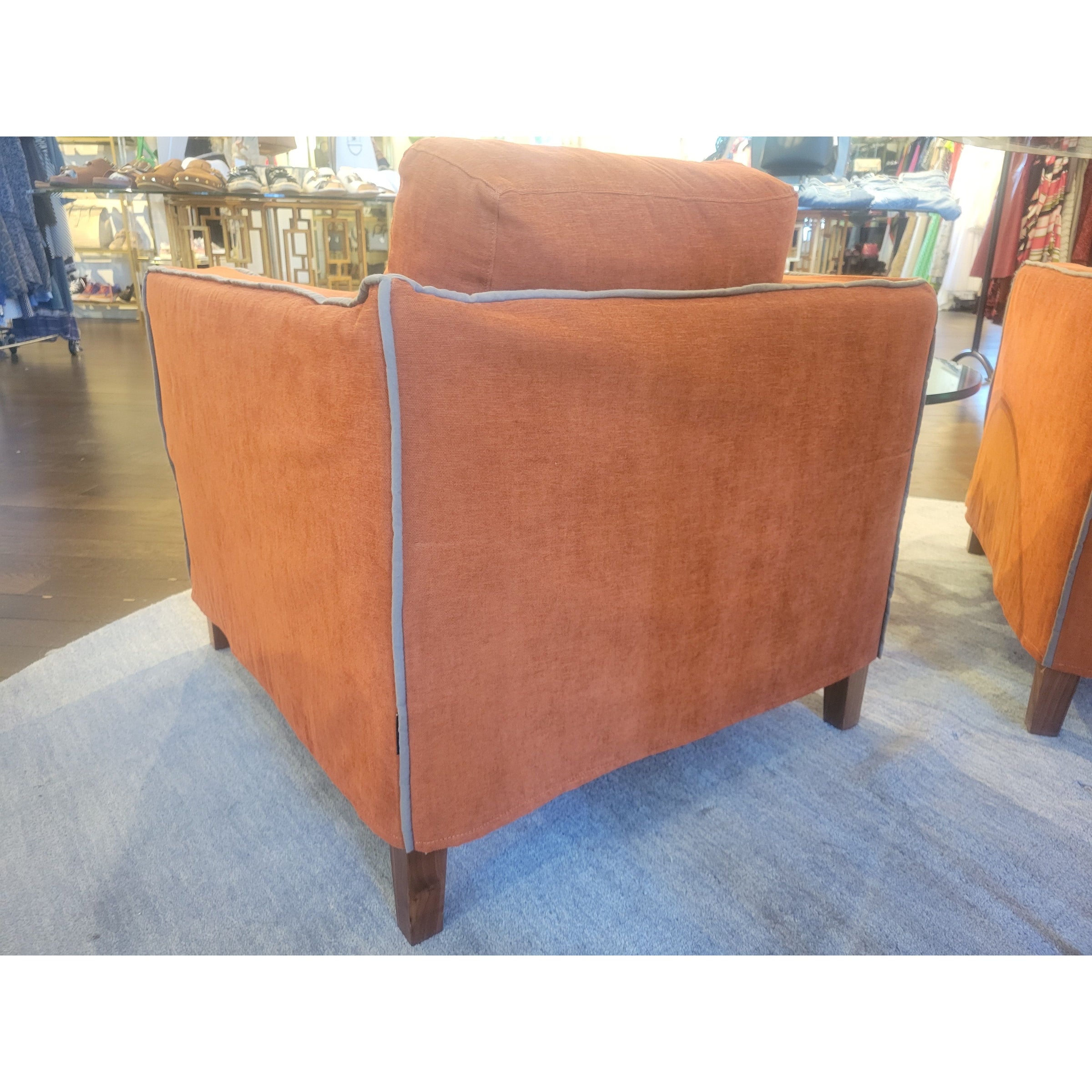 PAIR of Orange Linen Square Lounge Arm Chairs w/ Gray Piping by Flexteam