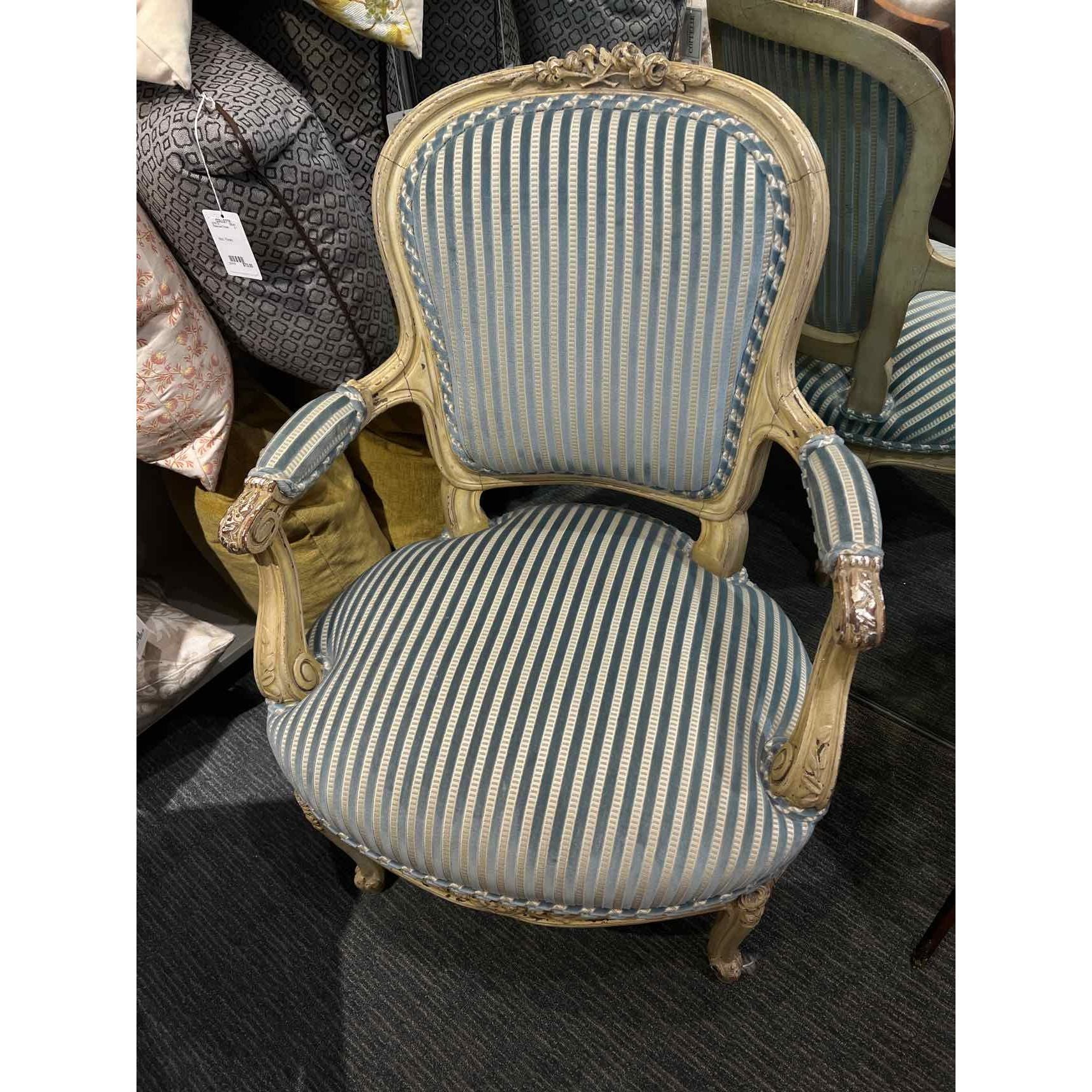 Blue & Cream Stripped Velvet Fabric Chair