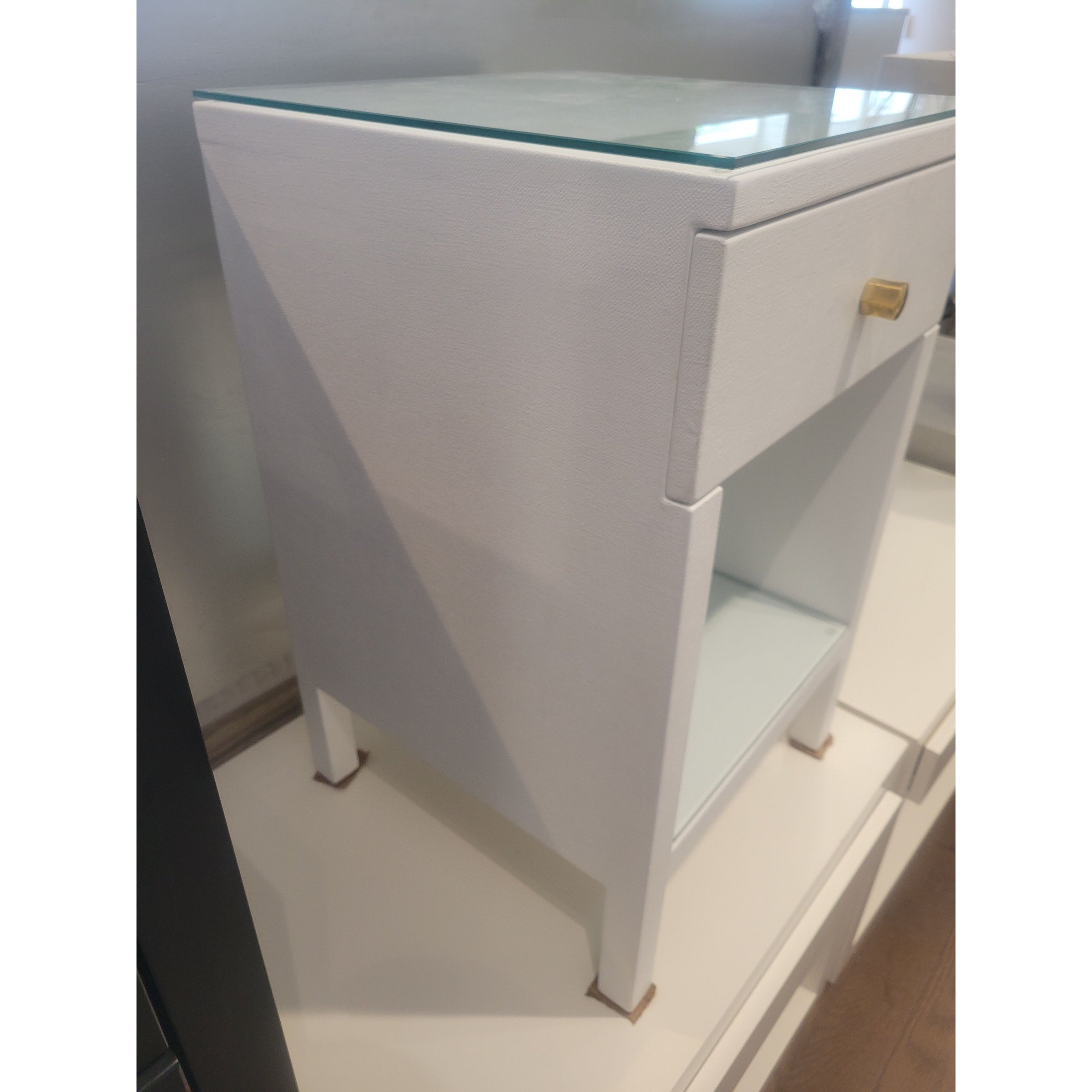 White Linen Maris Nightstand w/ Glass Top & Shelf by Made Goods