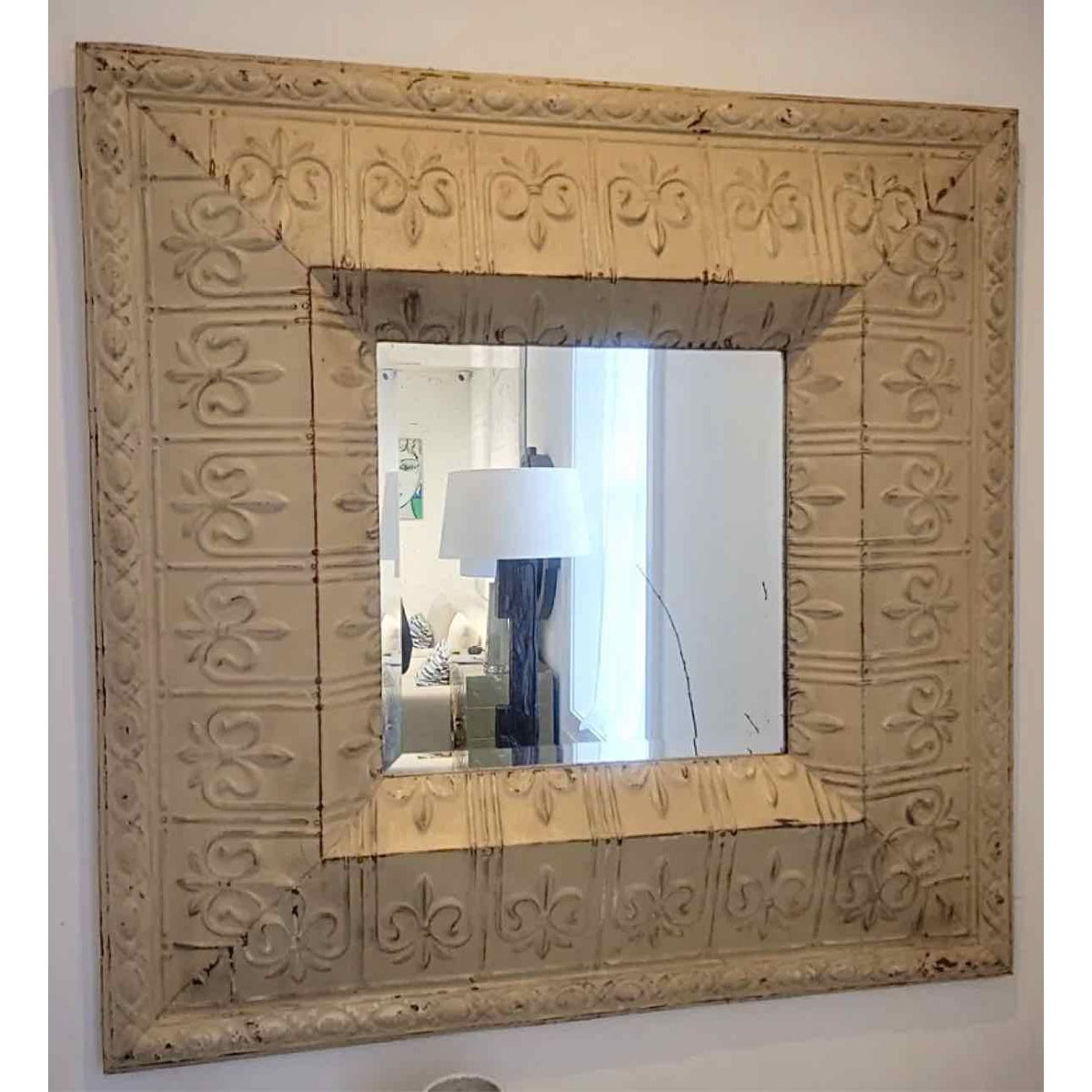 Large Tin Frame Mirror w/ Beveled Glass