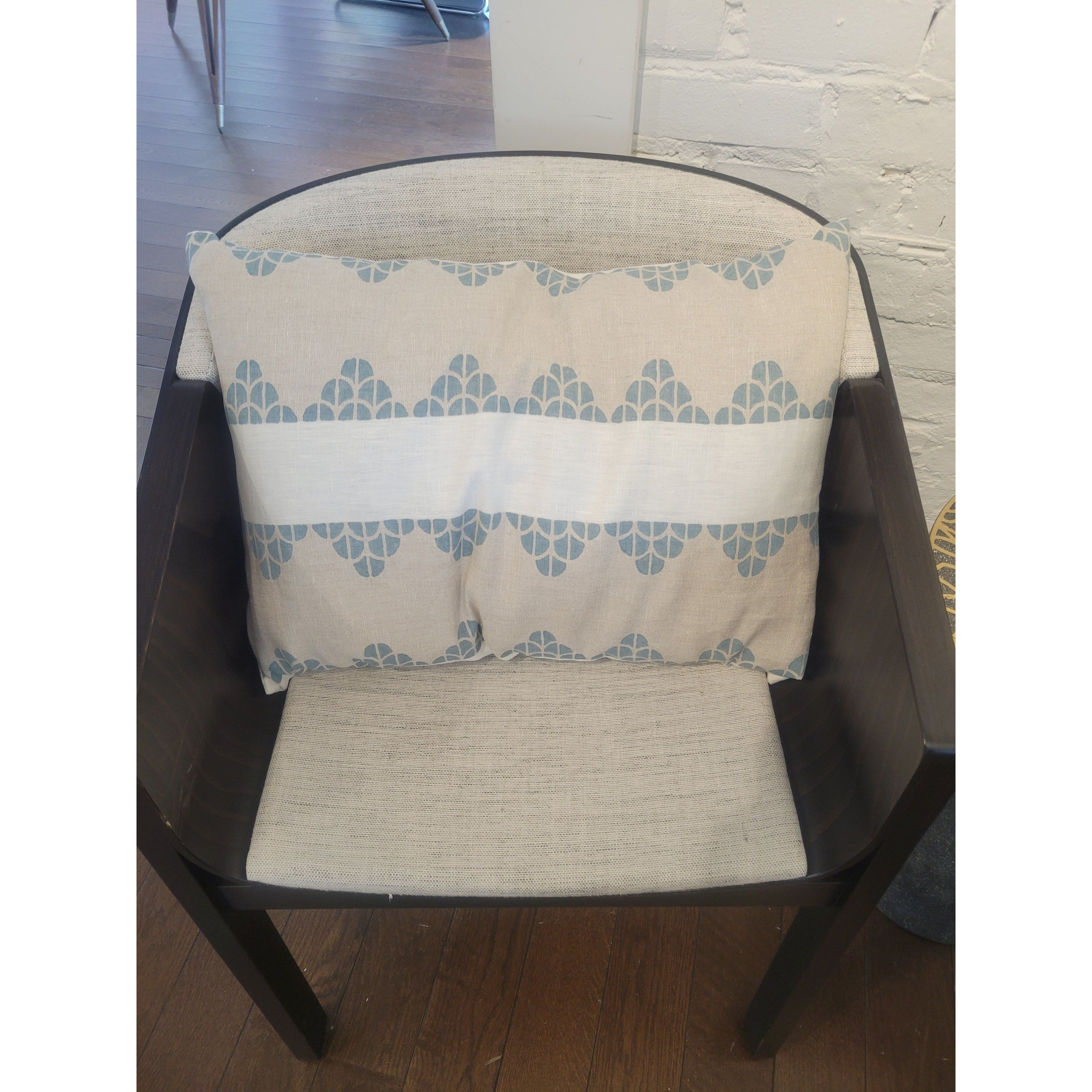 Pair of Natural Linen Lumbar Pillows w/ Horizontal Turquoise Print