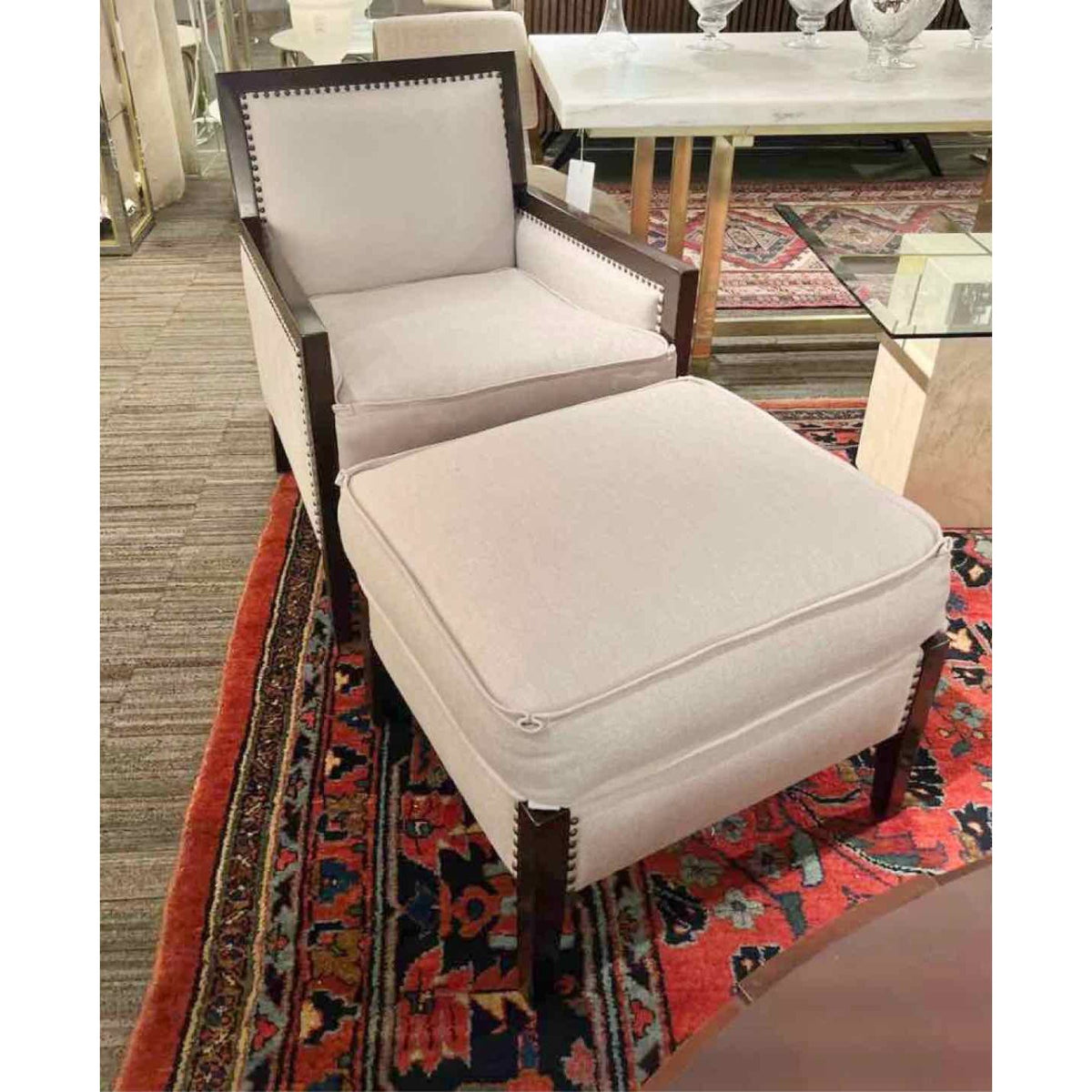 Club Chair w/ Ottoman in Beige Linen and Nailheads