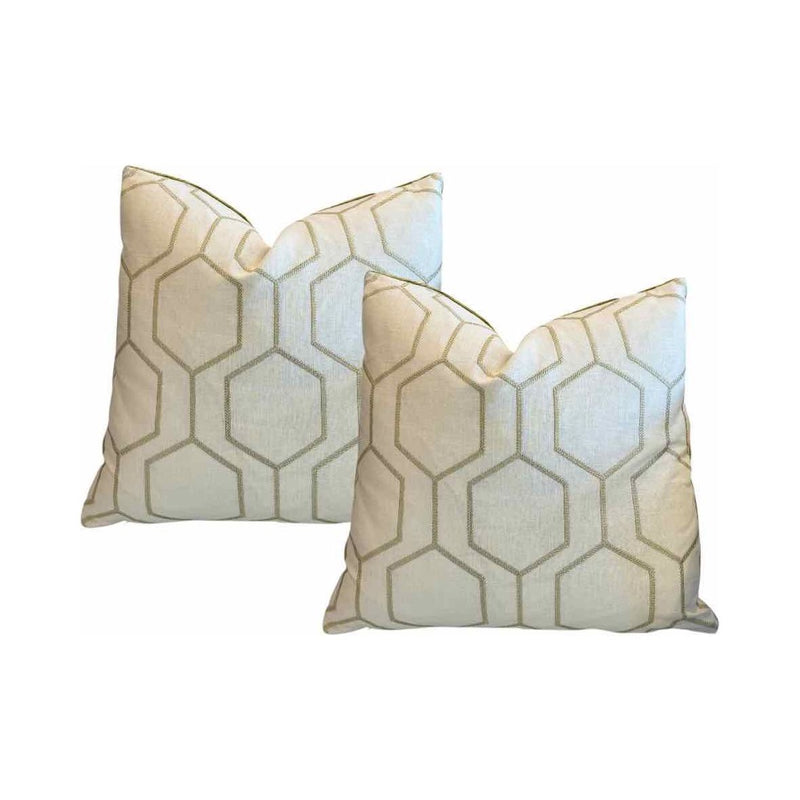 PAIR of Custom Gold Embroidery on Linen w/ Gold Velvet Backing Pillows