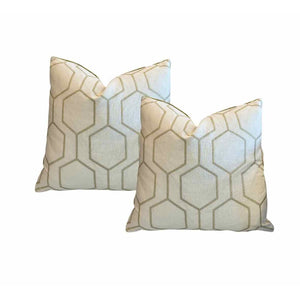 PAIR of Custom Gold Embroidery on Linen w/ Gold Velvet Backing Pillows