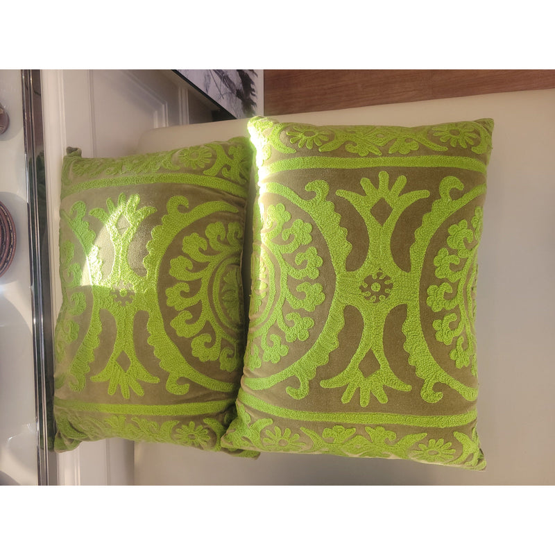 Pair of Chartreuse Velvet Print Lumbar Pillows