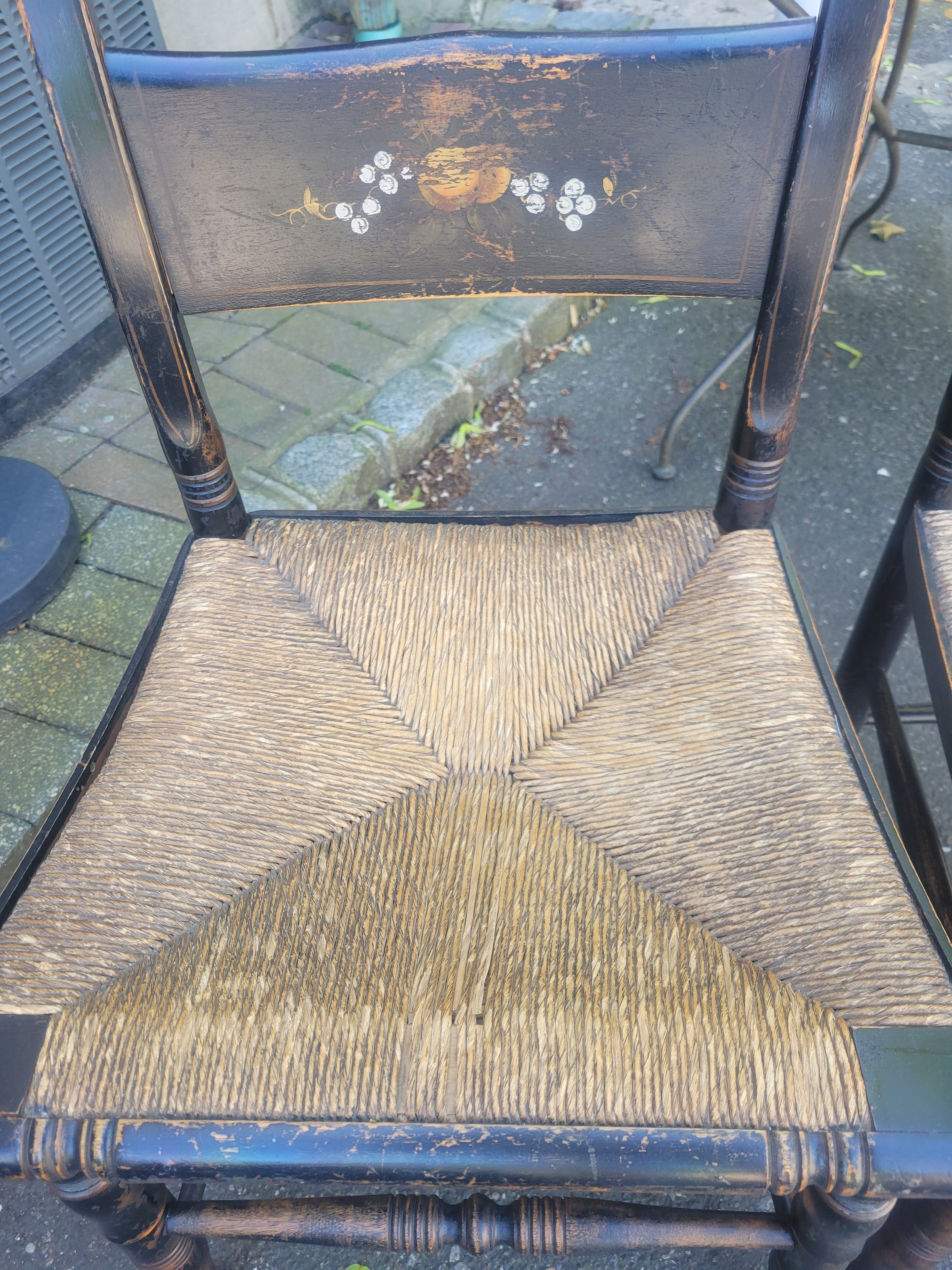 SET of 4 Antique Black Wood Hitchcock Chairs w/ Rush Seats (AS IS)