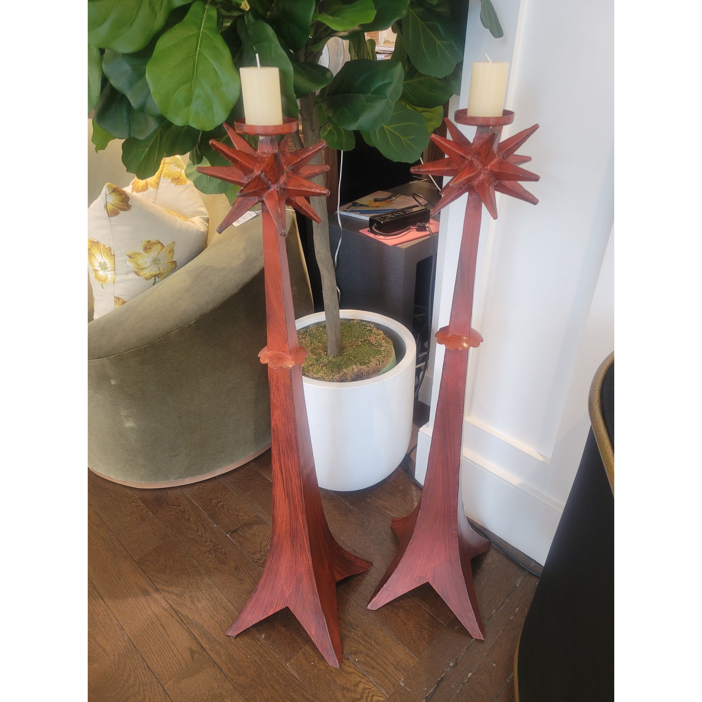 PAIR of Tall Vermilion Painted Metal Candle Holders