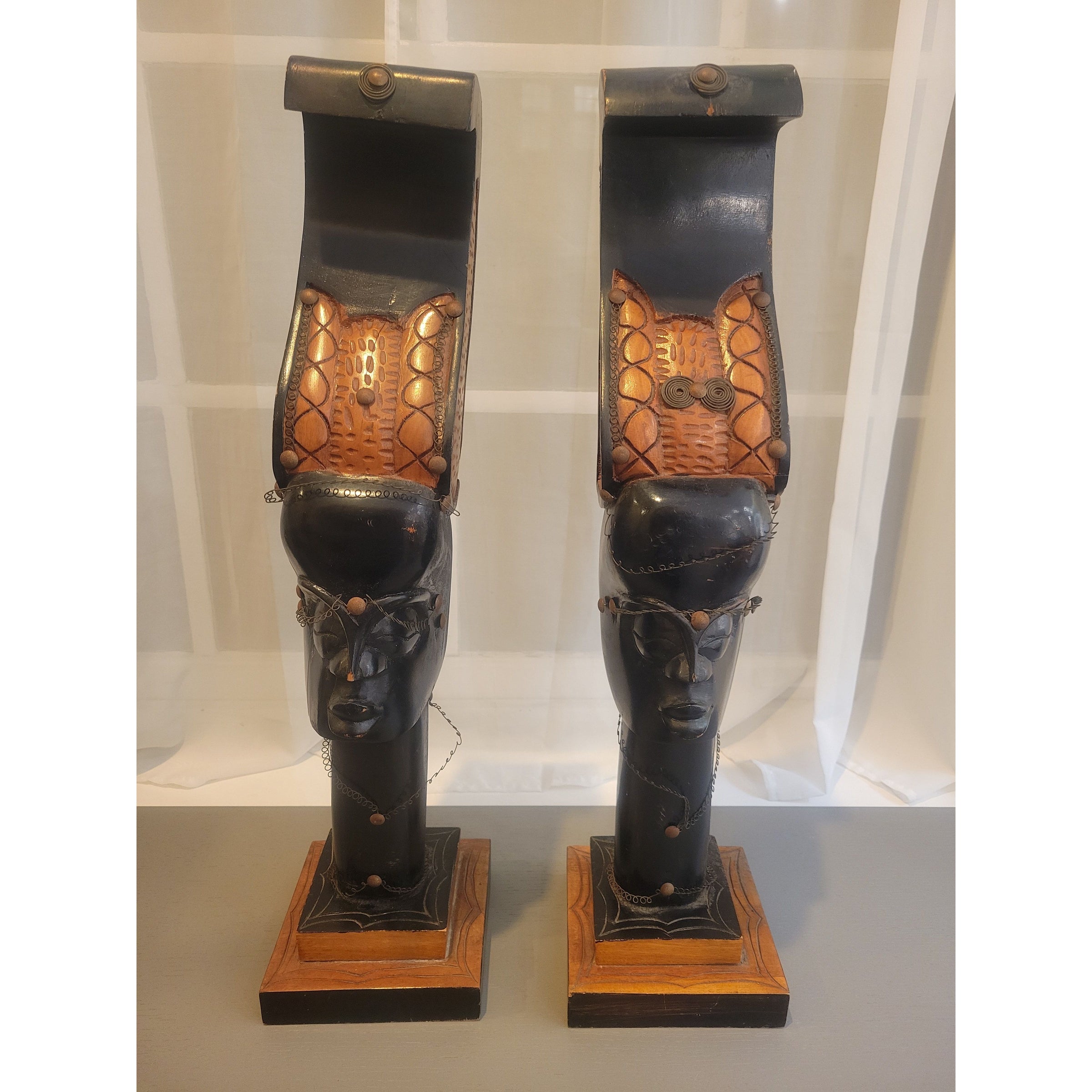 PAIR of African Carved Wood Head Sculptures