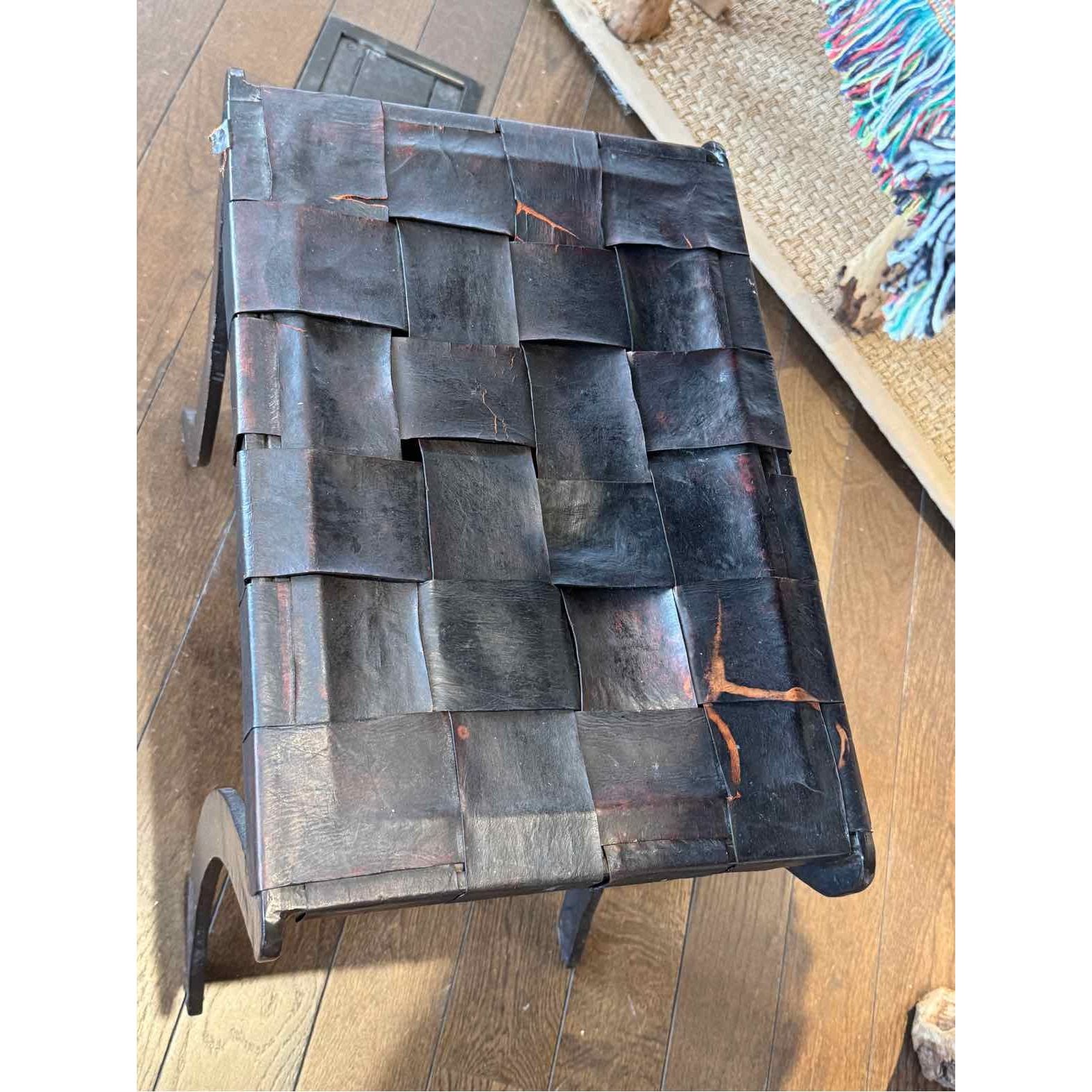Mid-Century French Industrial Black Leather & Metal Bench