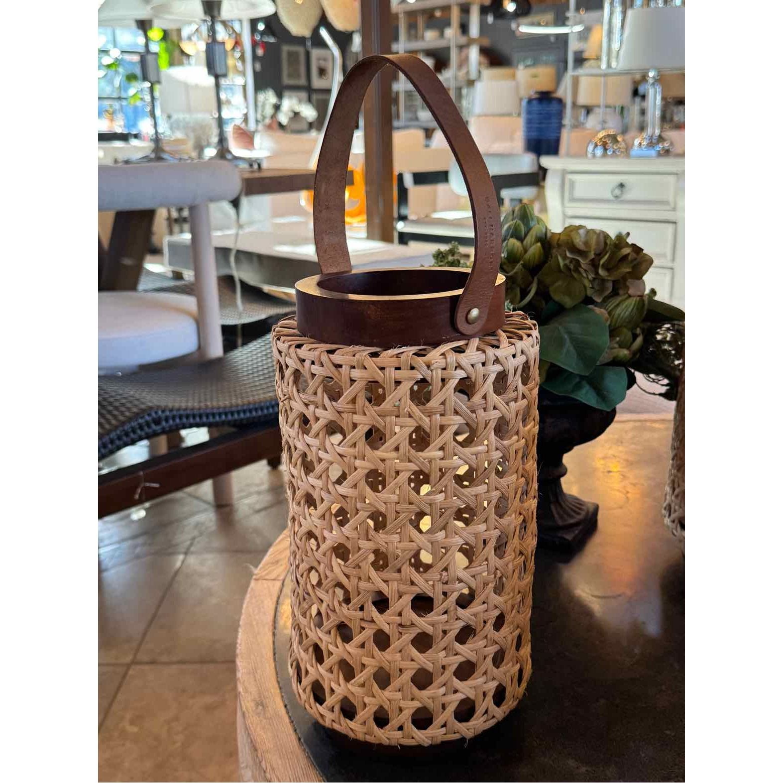 Teak & Rattan Lantern w/ Leather Handle