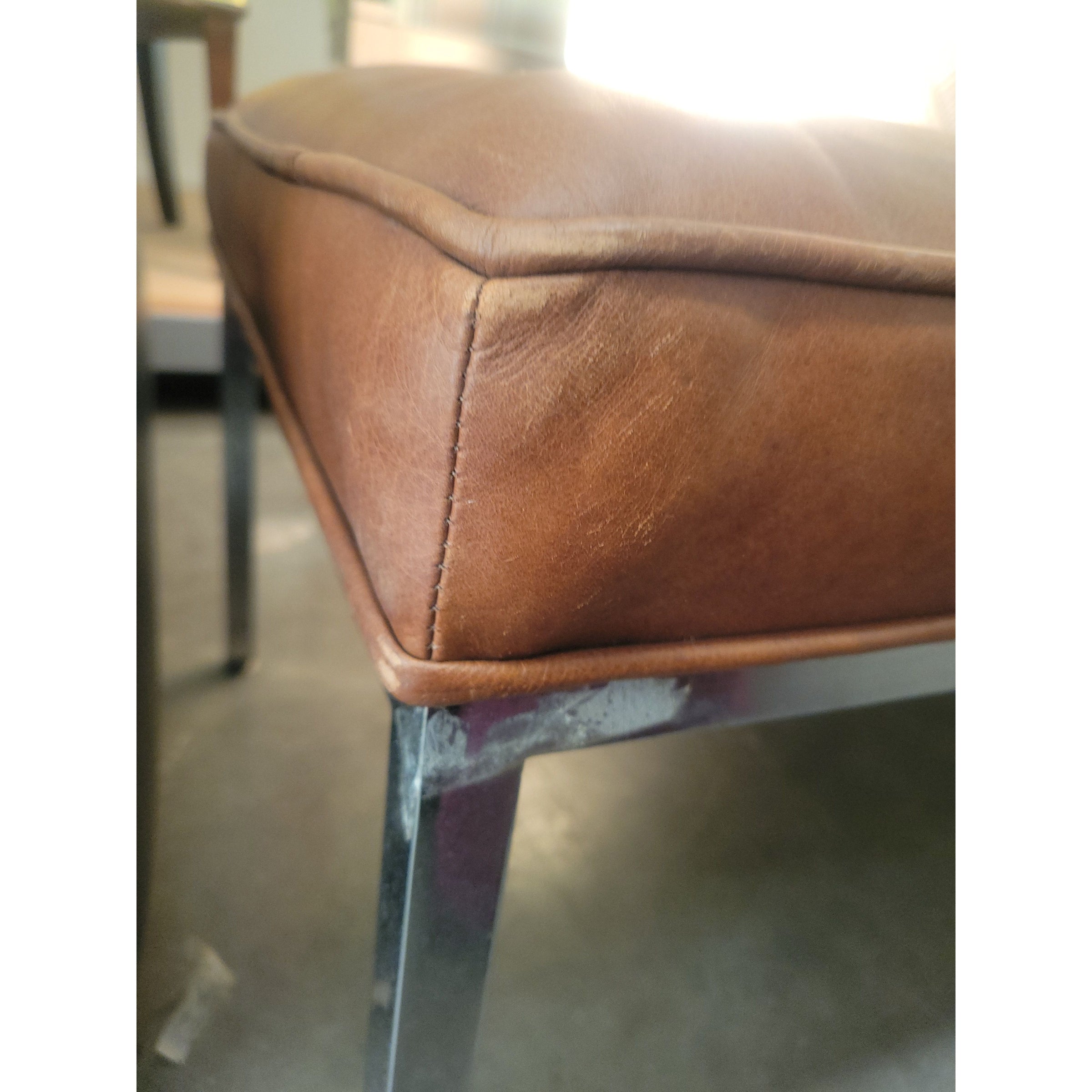 Florence Knoll Style Brown Leather & Chrome Bench by Mueller - AS IS