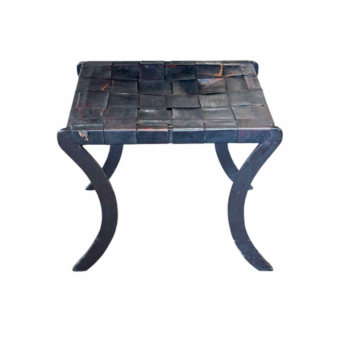 Mid-Century French Industrial Black Leather & Metal Bench