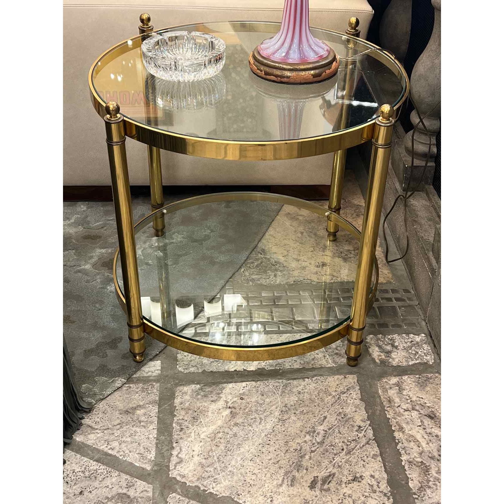 Round Glass and Brass Two Tiers Coffee Table