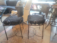 PAIR of Italian Hand-Forged Steel Dining Arm Chairs w/ Black Jacquard Cushions
