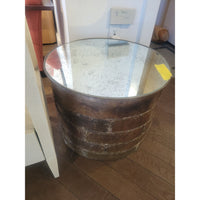 Vintage Metal Drum Coffee Table w/ Antiqued Mirror Glass Top - colletteconsignment.com