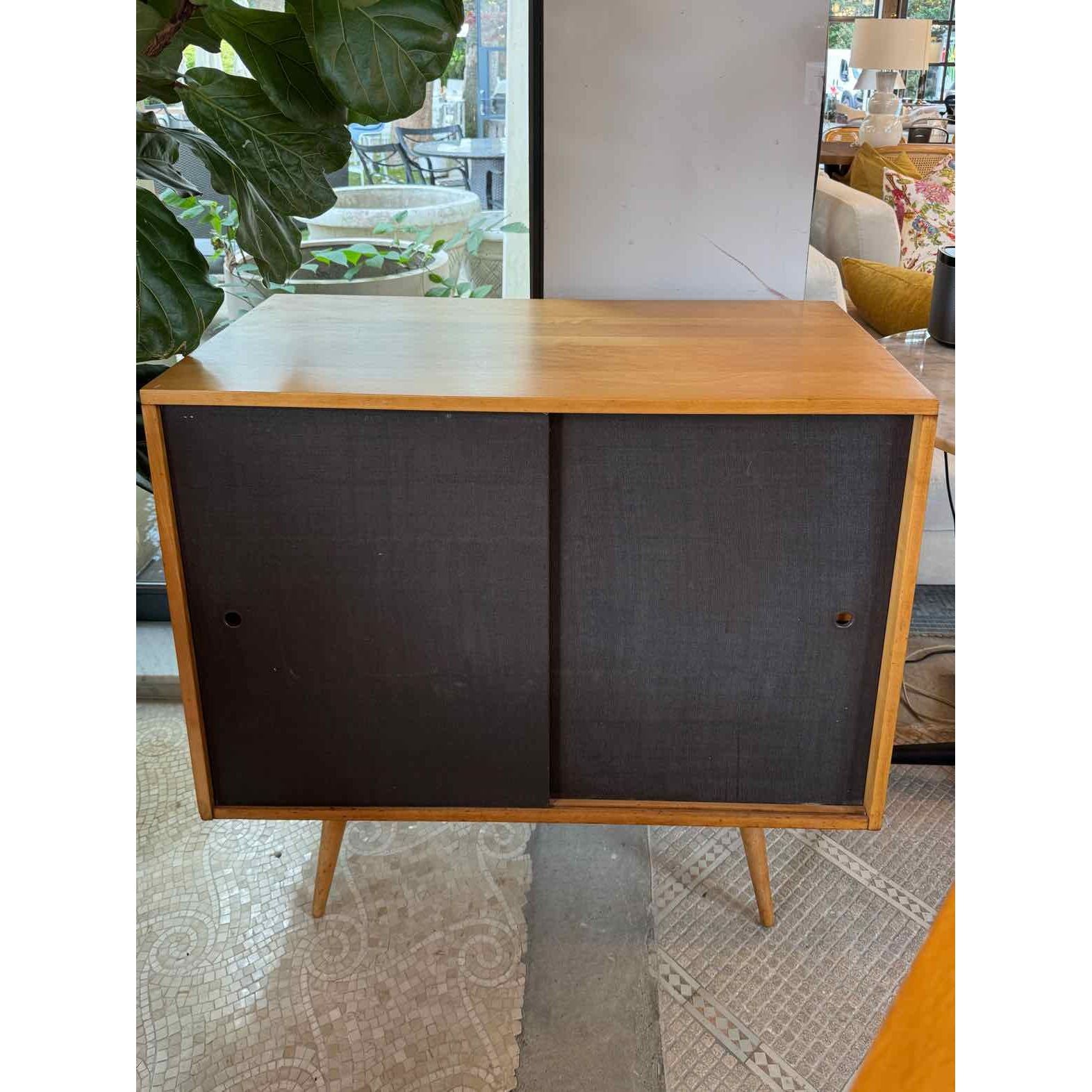 3-ft Mid-Century Maple Cabinet w/ Sliding Grasscloth Doors by Paul McCobb