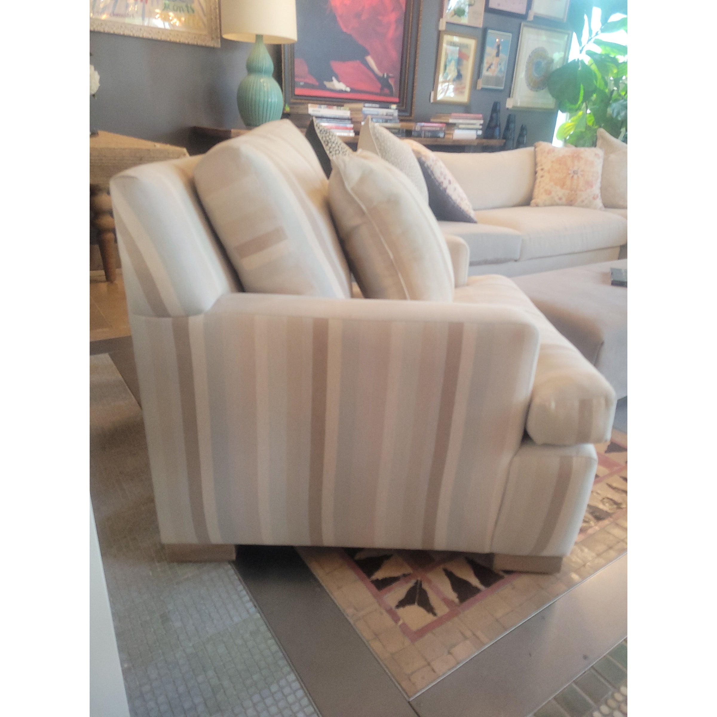 Custom Striped Mint Green & Tan Linen Lounge Chair by Jack Fhillips
