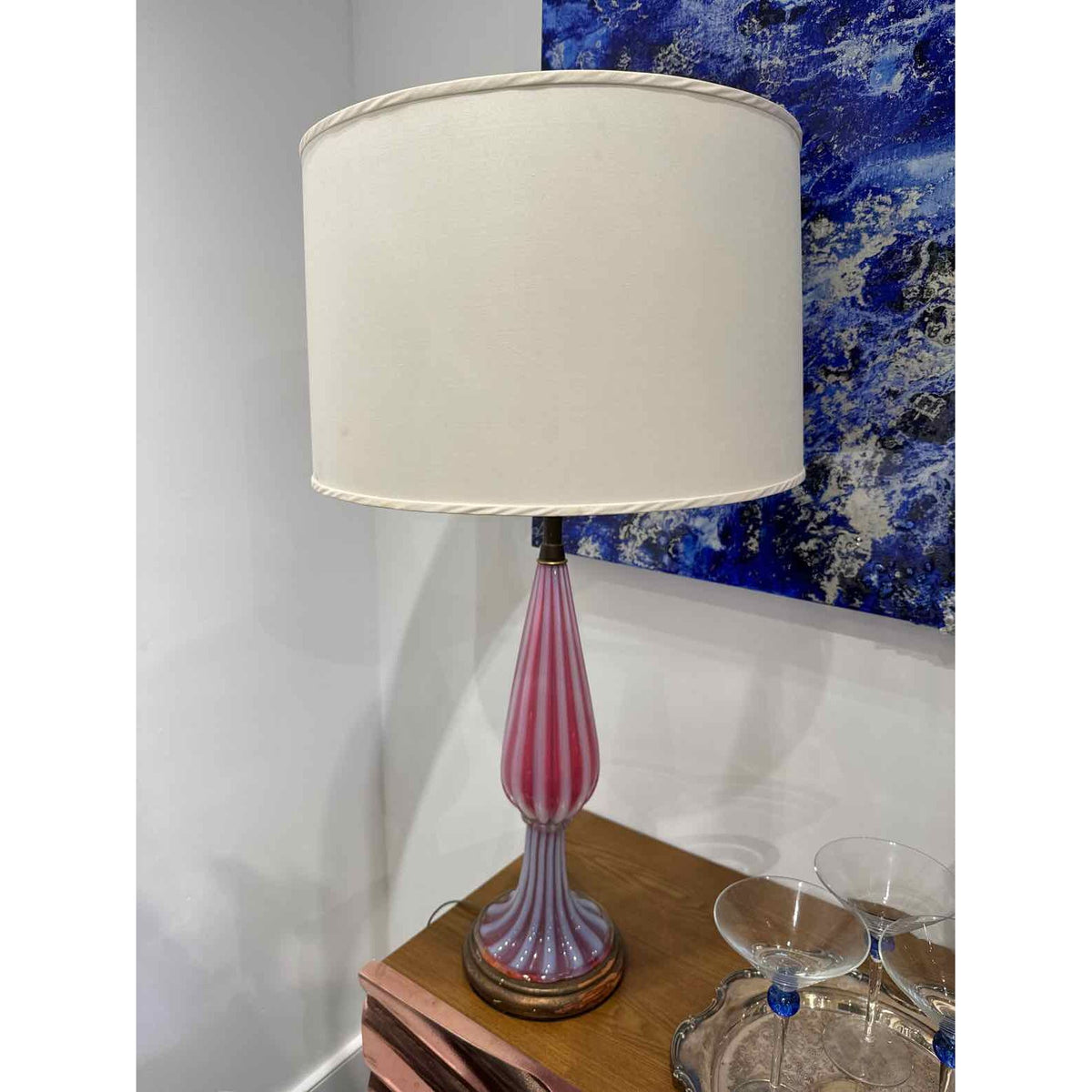 Pair of Mid-Century Murano Pink Opaline Glass Table Lamps 19"DiamX35"H