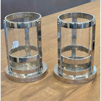 Pair of Small White Metal Hurricanes w/Textured Glass, 9"Hx6"D