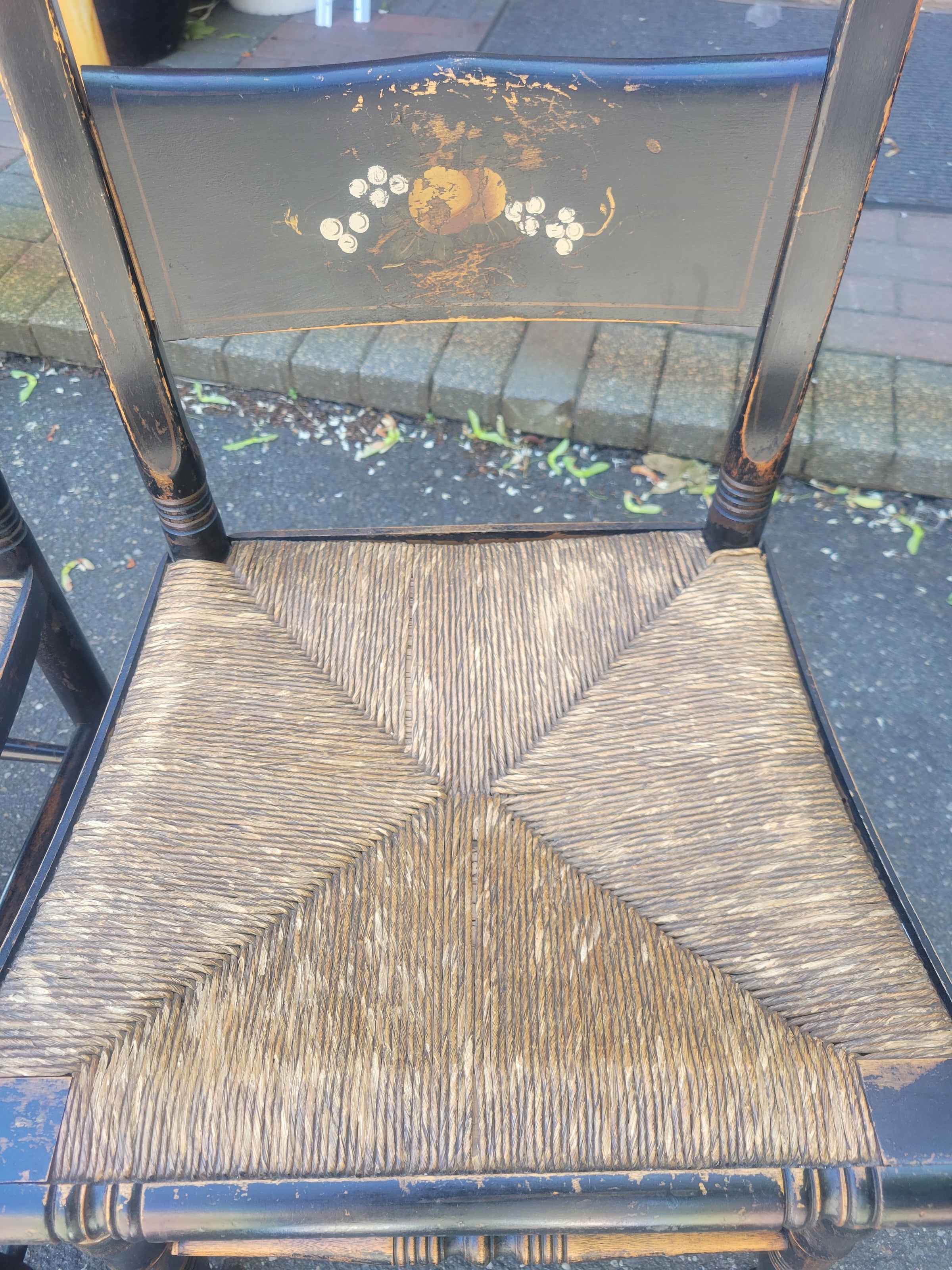 SET of 4 Antique Black Wood Hitchcock Chairs w/ Rush Seats (AS IS)